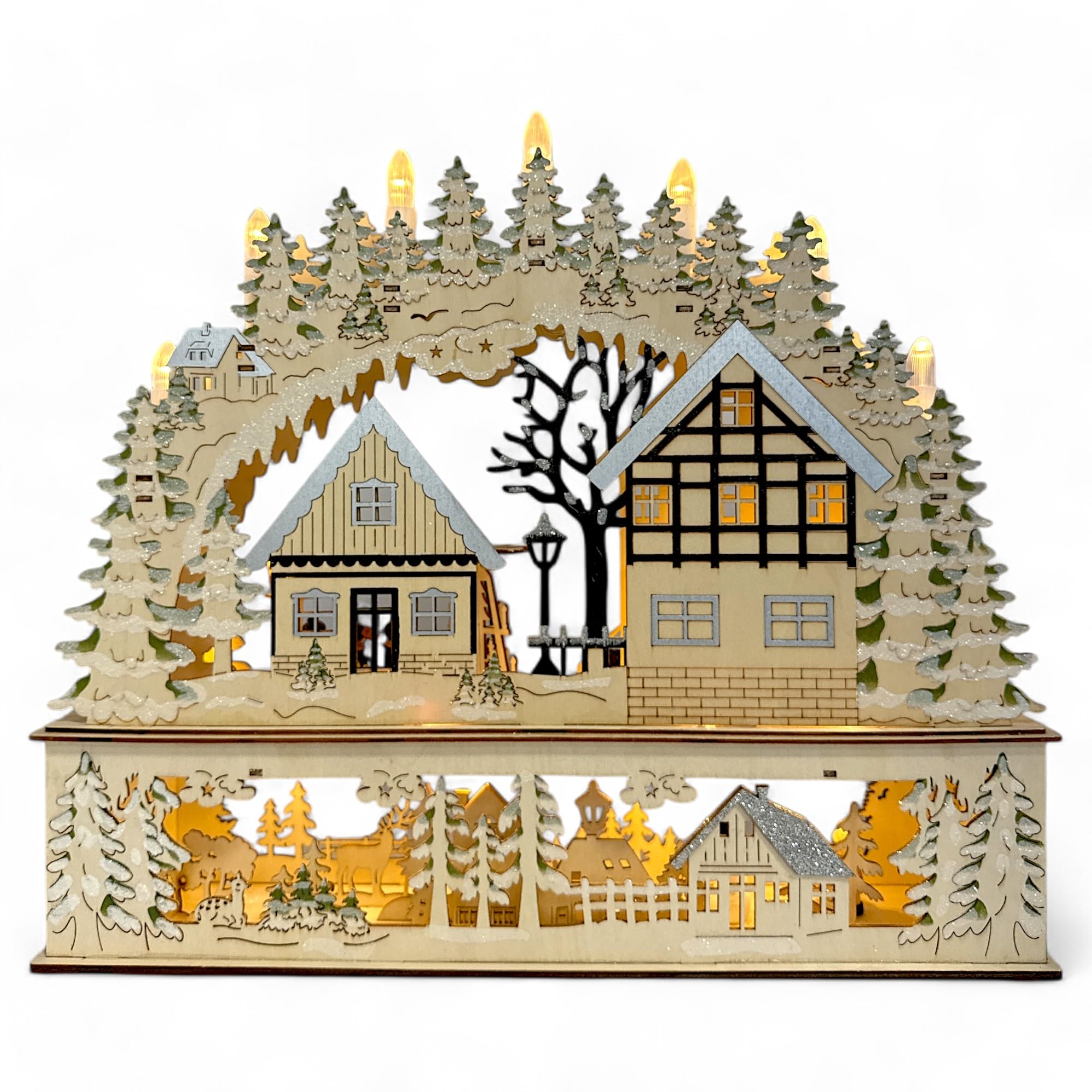 Wichtelstube-Kollektion LED Schwibbogen Fachwerkhaus Kurrenden vor Weihnachtspyramide Lichterbogen Weihnachten Schwippbogen mit Podest Holz Weihnachtsdeko