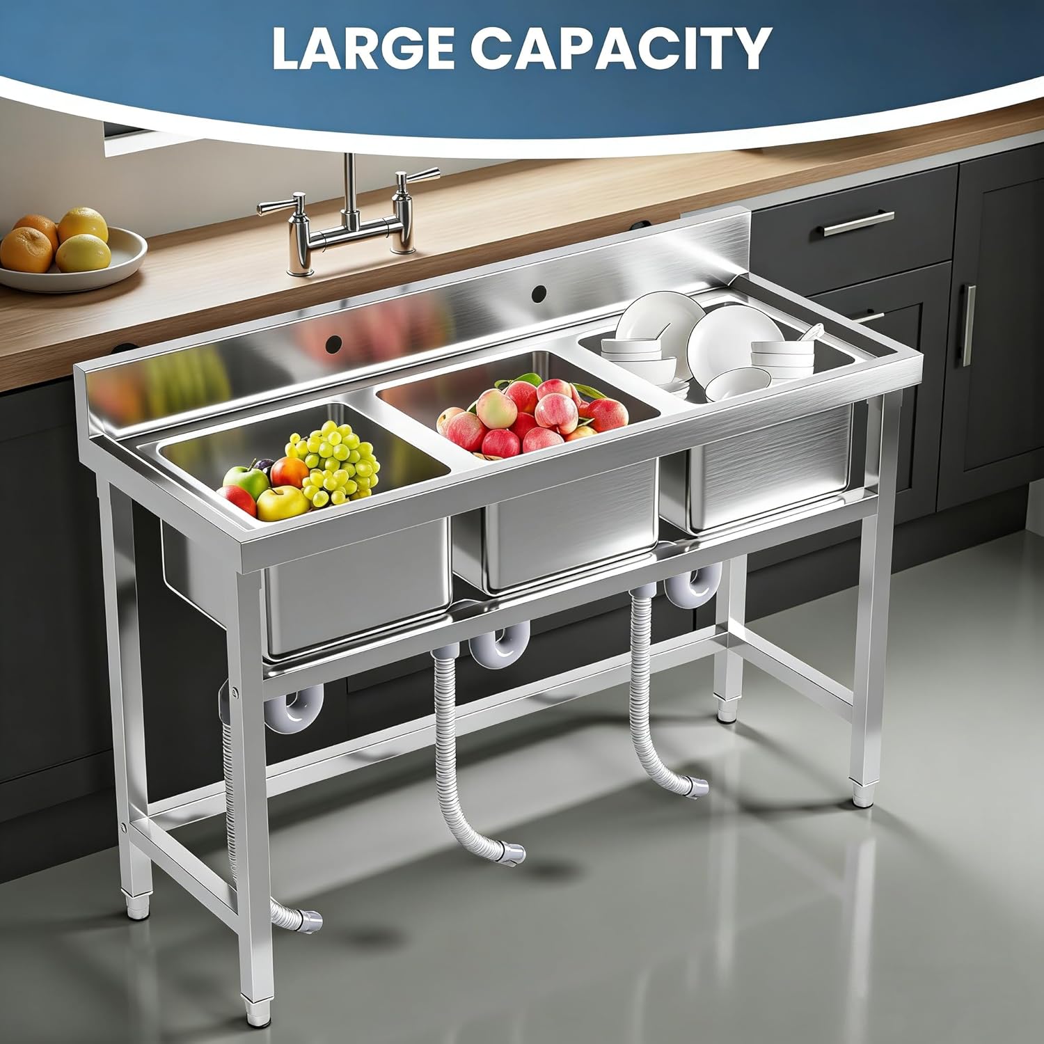 3 Compartment Sink 51" - NSF Commercial Triple Bowl Stainless Steel Sink, Heavy Duty 3 Bay Sink for School Cafeteria Institutional Kitchen Church Community Center Daycare outdoor