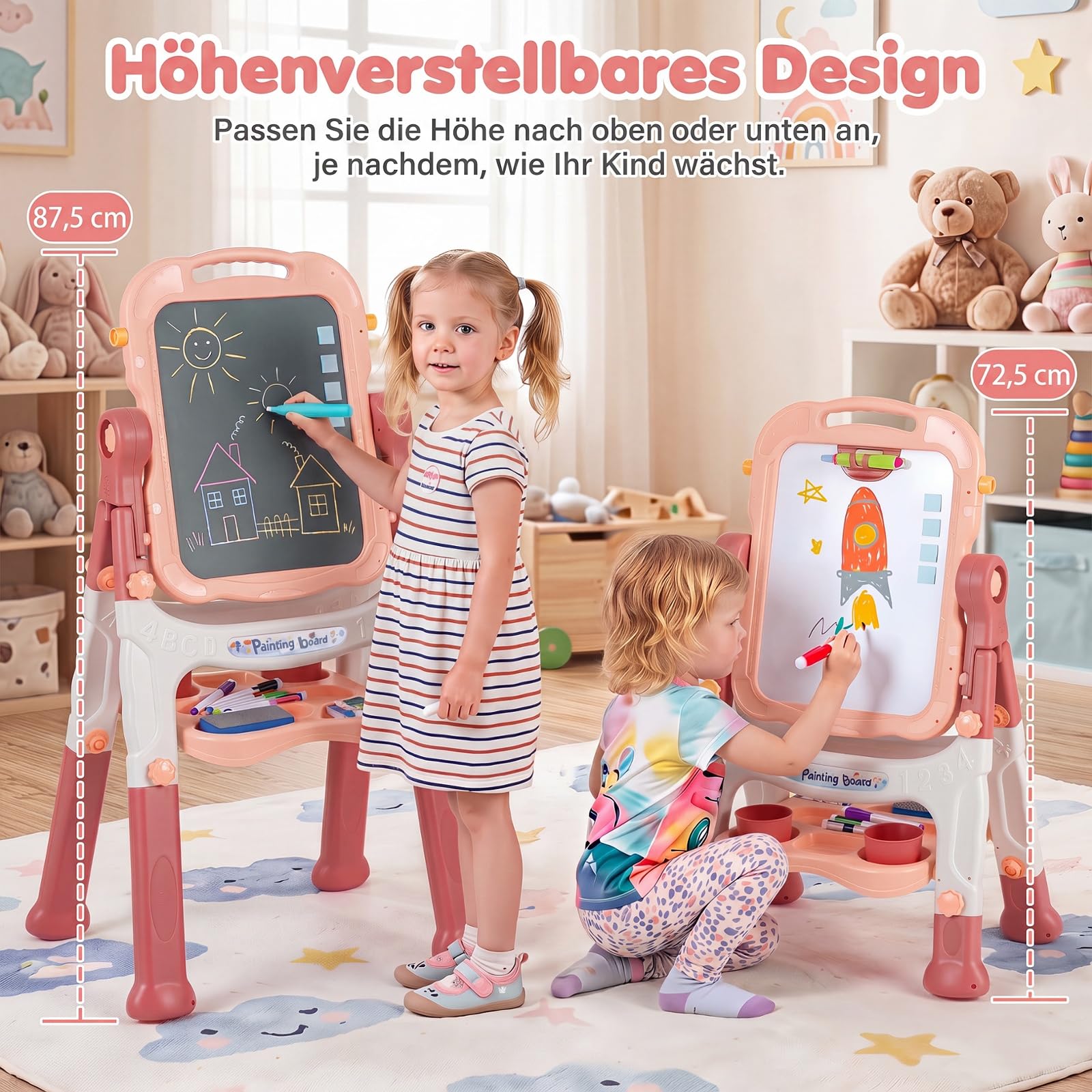 COSTWAY 4-in-1 Kindertafel, Doppelseitige Kinderstaffelei (Pfirsichrosa)