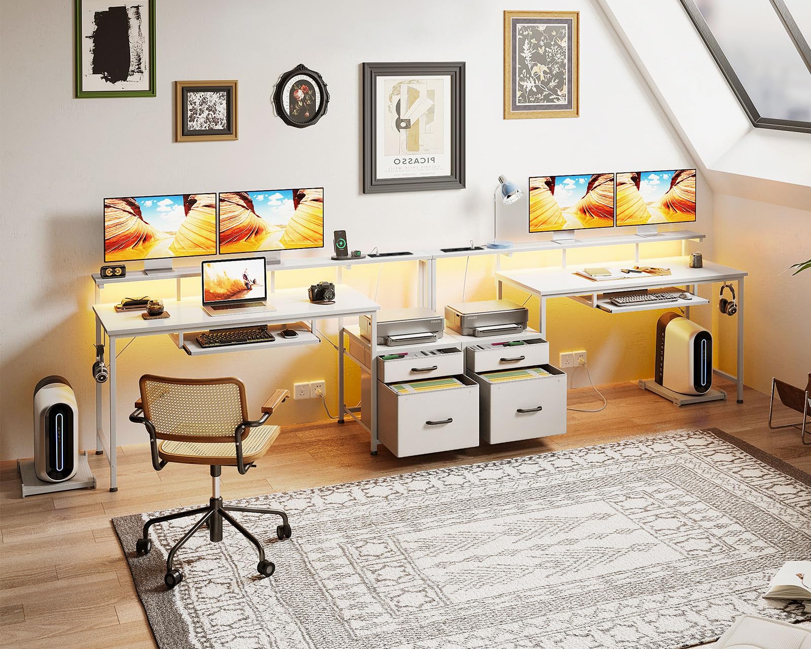Coleshome Scrivania Gaming con LED e Prese, 140x48cm Scrivania con 2 Cassetti, Tavolo Computer Reversibile con Supporto Monitor e Vassoio per Tastiera Ufficio Casa,Bianco