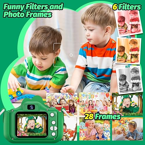 Miniatura 6 de Cámara de dinosaurio para niños y niñas, cámara digital para selfie de niños pequeños con bonita cubierta protectora y tarjeta SD de 32G, regalos de
