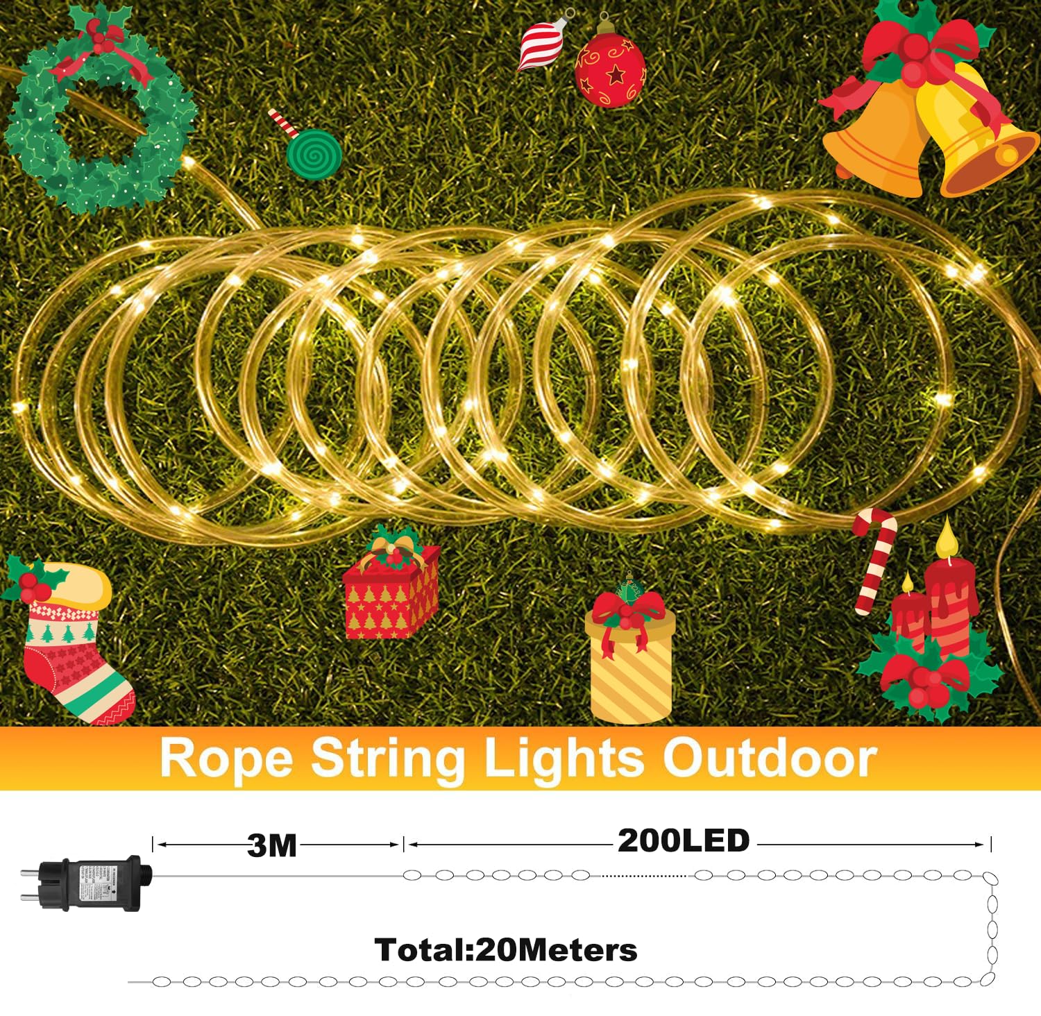 LED Lichterschlauch 20m Mit 200 LEDs – Warmweiß, Dimmbar, 8 Modi, Timer, IP65, Fernbedienung, Für Garten &