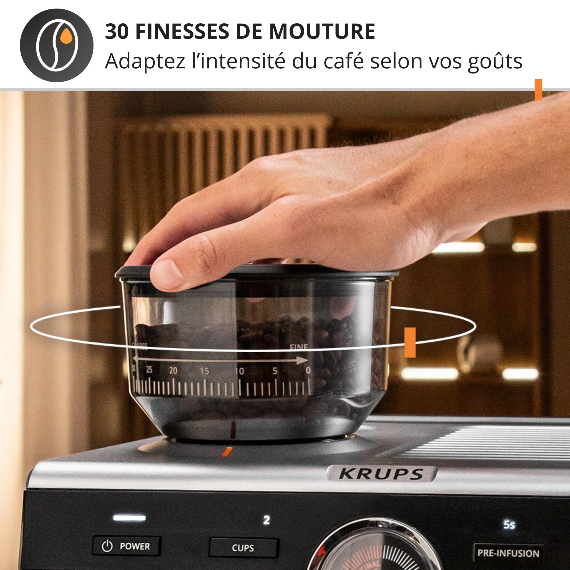 Krups Precision, Machine Expresso Manuelle avec moulin, 30 Niveaux de mouture, 15 Bars, Buse Vapeur, 3 Températures, Interface Intuitive, Cappuccino, XP801T10, Silver