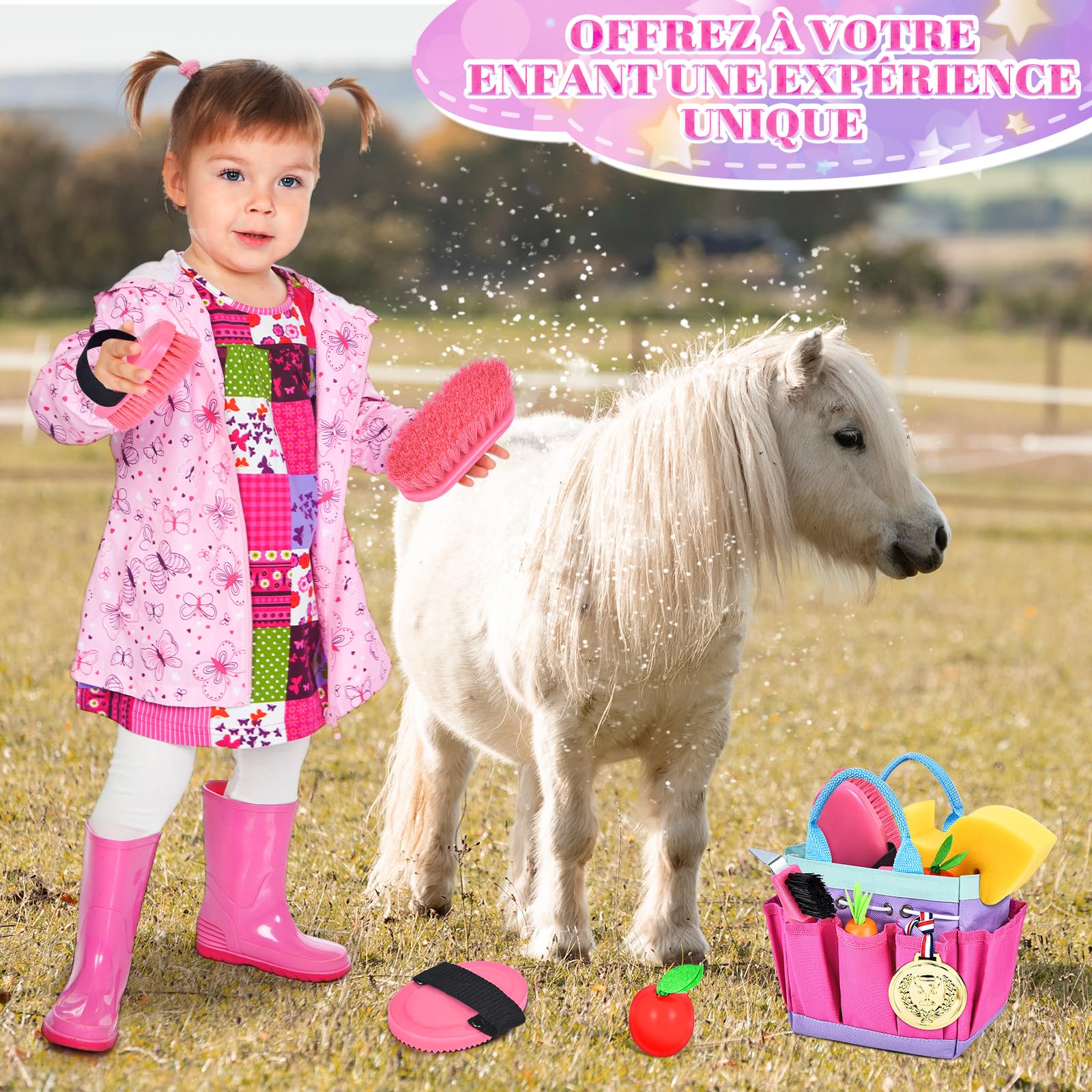Joellfuner Set de Pansage Cheval, Jouet Accessoires pour Enfants, Equitation Soins Sac d'Équipement avec Brosse de Massage et Grattoir à Sabot