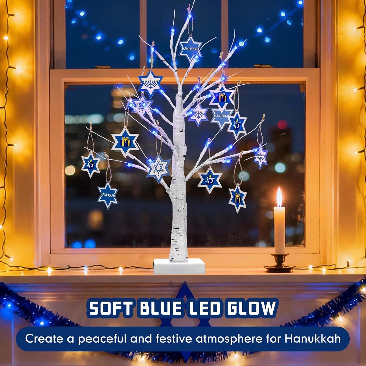 2 Pack 24'' Hanukkah Decorations Birch Tree with Blue LED Lights and 30 Star of David Hanging Ornaments, Lighted Tree White Tabletop Pre Lit Light with USB & Battery Operated for Christmas