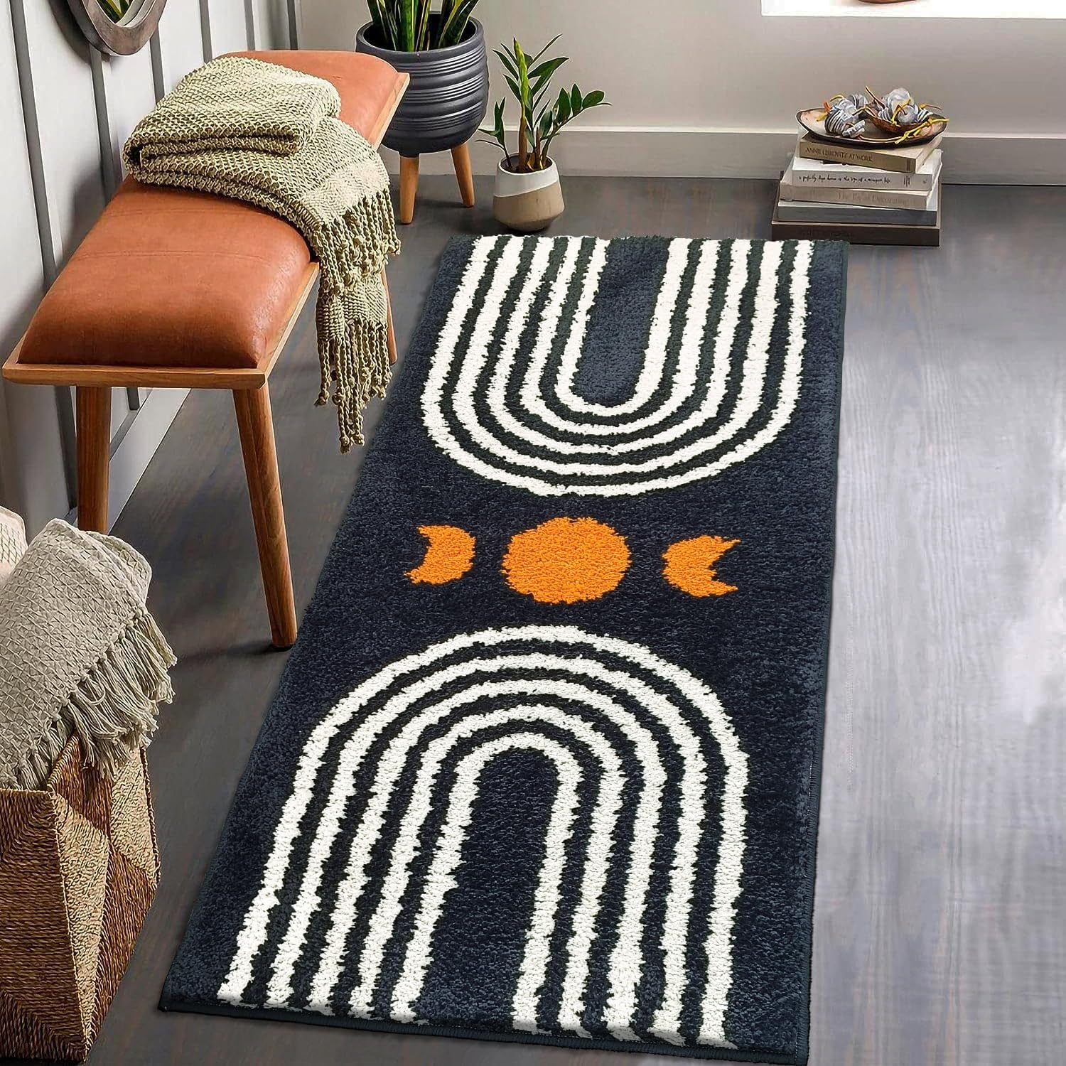 ARTCREATOR Boho Bathroom Runner - 20"x47" Long Abstract Bath Mat, Soft Plush Fluffy Non Slip Washable Black Rug for Bedroom/Hallway