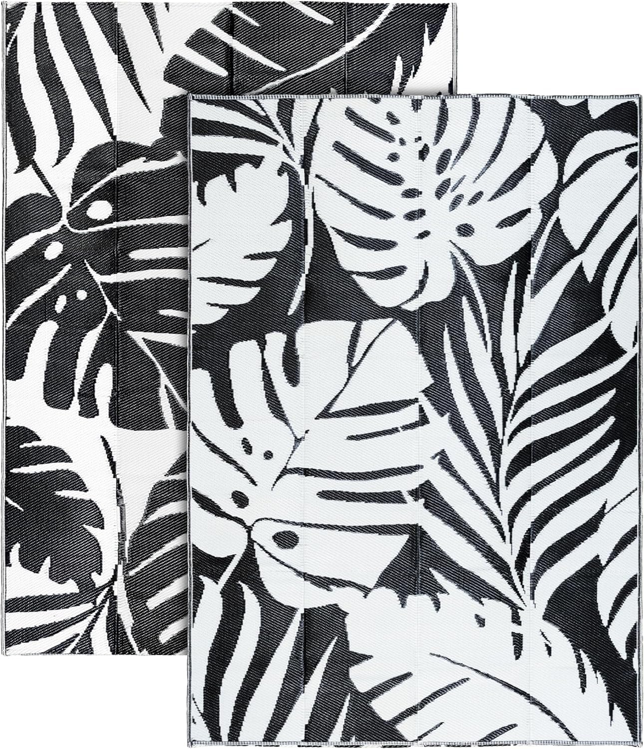 Reversible Outdoor Rug Large 160 x 230 cm Area Garden Rug, Black & White Tropical Leaf Grid Area Rugs For Garden Outdoor Patio, Camping Mat, Deck, Picnic-image-12