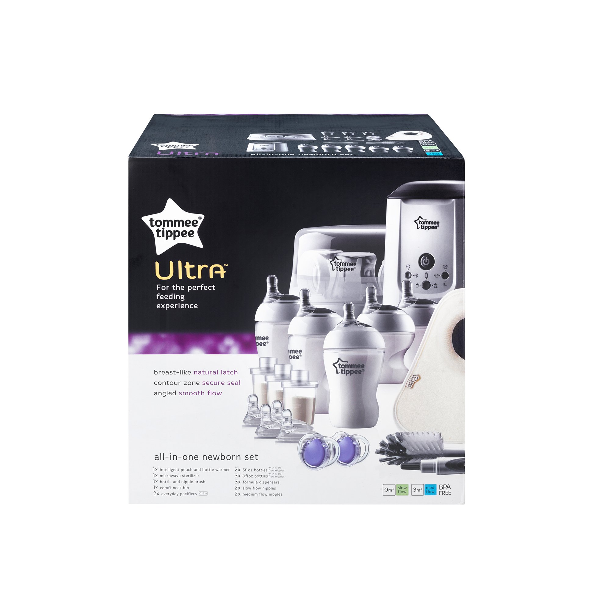 Tommee Tippee Juego de regalo para recién nacido, incluye esterlizador, bolsas, calentador de botellas, cepillo para biberón y pezón, babero, chupetes - sin BPA