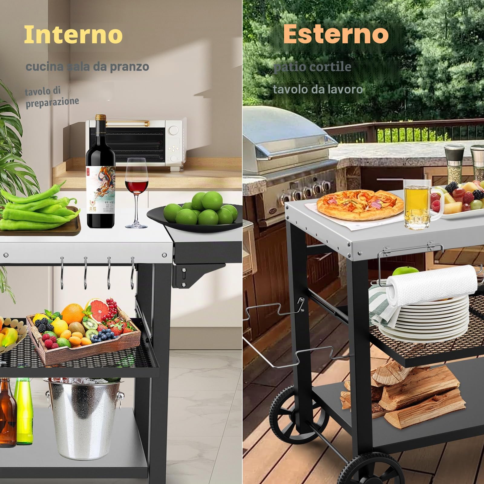 GFTIME Tavolo da Barbecue in Acciaio Inox Con 3 Piani, Supporto per Pizza, Carrello da Lavoro Con 4 Ganci per Esterni, Tavolino da Servizio, 116 x