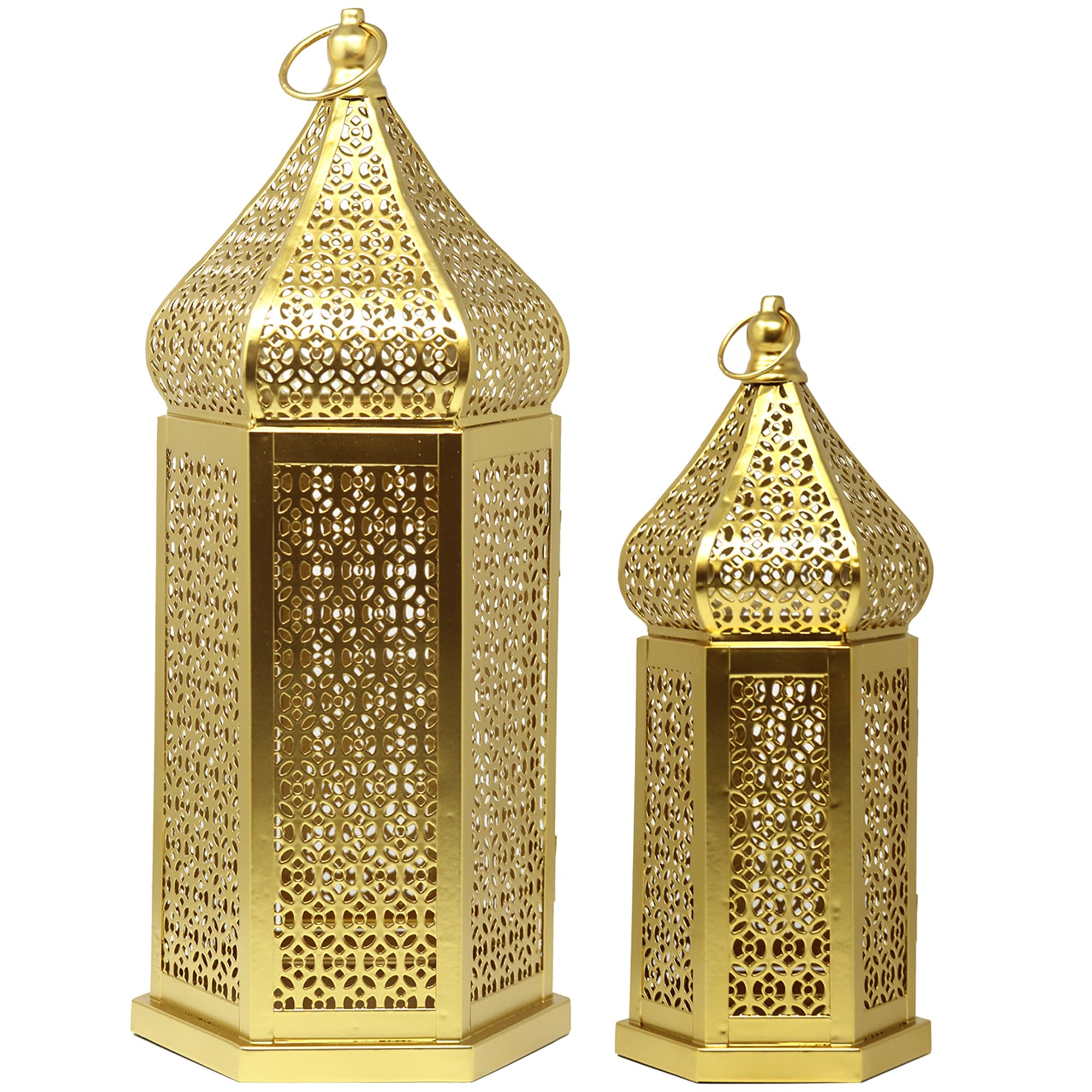 Vela Lanterns Temple Tower - Portavelas decorativo grande marroquí para Ramadán, patio, decoración del hogar, bodas, dorado, juego de 2 faroles | Decoraciones de Ramadán para el hogar, portavelas islámico Eid para centros de mesa o colgar, 11 y 15.25 pulg
