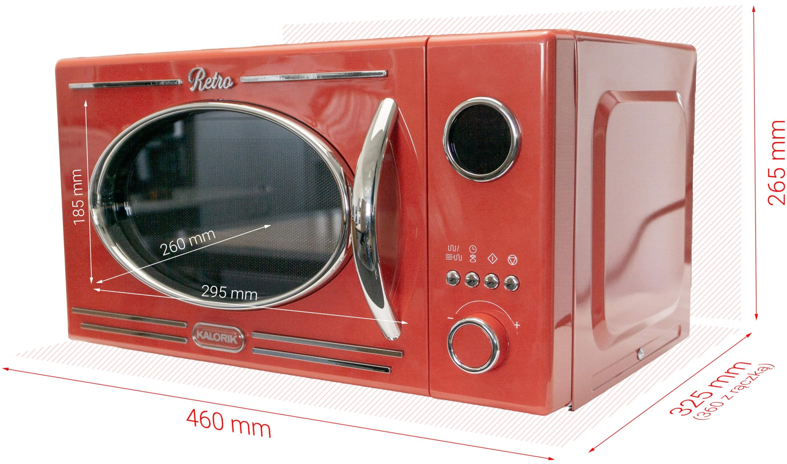 Kalorik Retro Mikrowelle, Rot, Vintage-Design, mit Grillfunktion, Digitale Steuerung, MW2600DGR 1150W, 12 automatischen Kochprogrammen, Digitales LED-Display, Timer, Ø25,5cm, 49,1×38,4×28,5cm