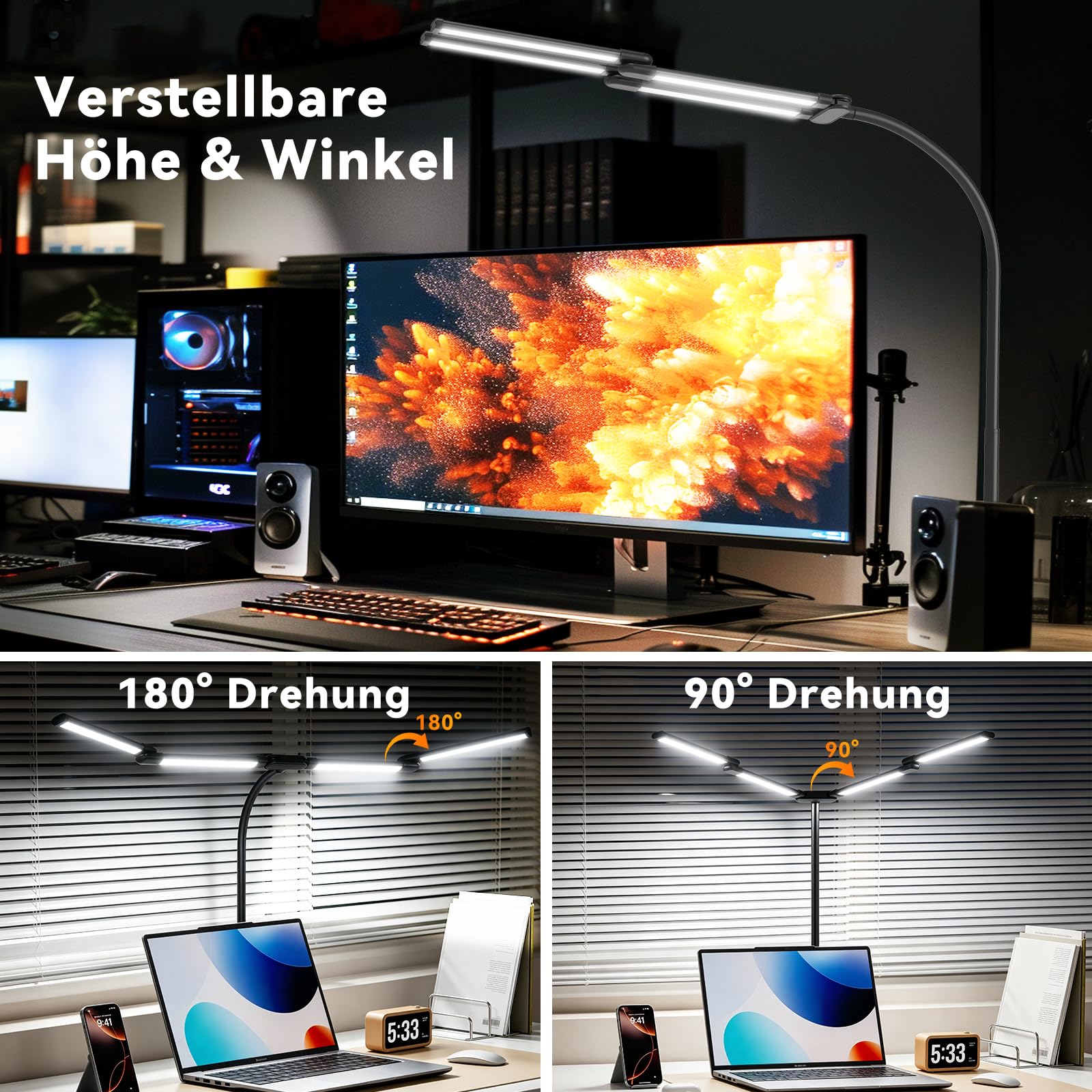 Schreibtischlampe LED Dimmbar, 118cm 4-Lichtbalken Schreibtischlampe Klemmbar, 24W 1960LM Augenschutz Schwanenhals Tischlampe, 5 Farben & 10 Helligkeiten für Zeichnen, Architekten, Schneider