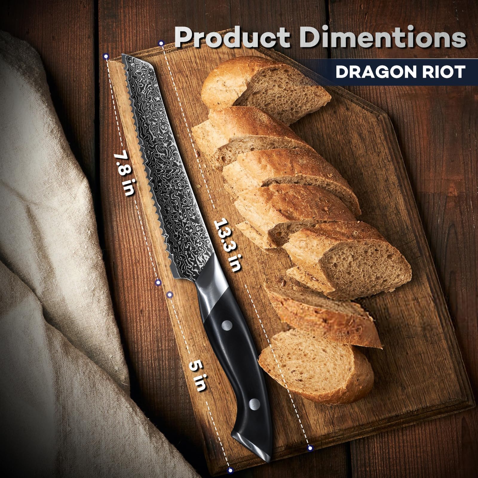 DRAGON RIOT Damas Couteau a Pain - Couteaux de Cuisine Professionnel avec Manche en Bois, Couteau pour Pain, Bagels, Gâteaux, pour Hommes et Femmes