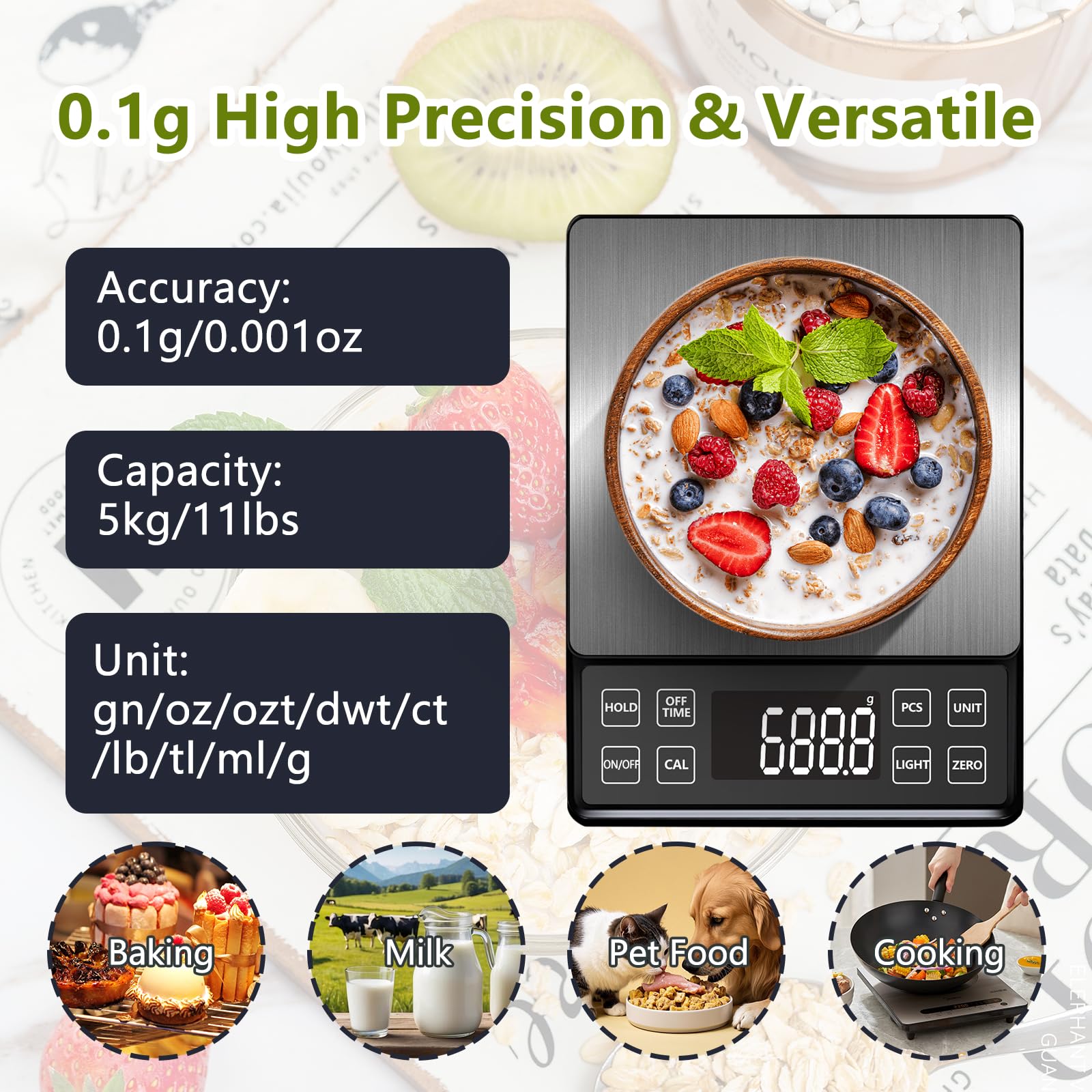 Báscula digital de alimentos con alta precisión de 0.01 onzas, capacidad de 11 libras/5 kg, recargable por USB-C, LCD con retroiluminación, sartén de acero inoxidable, báscula de cocina para cocinar