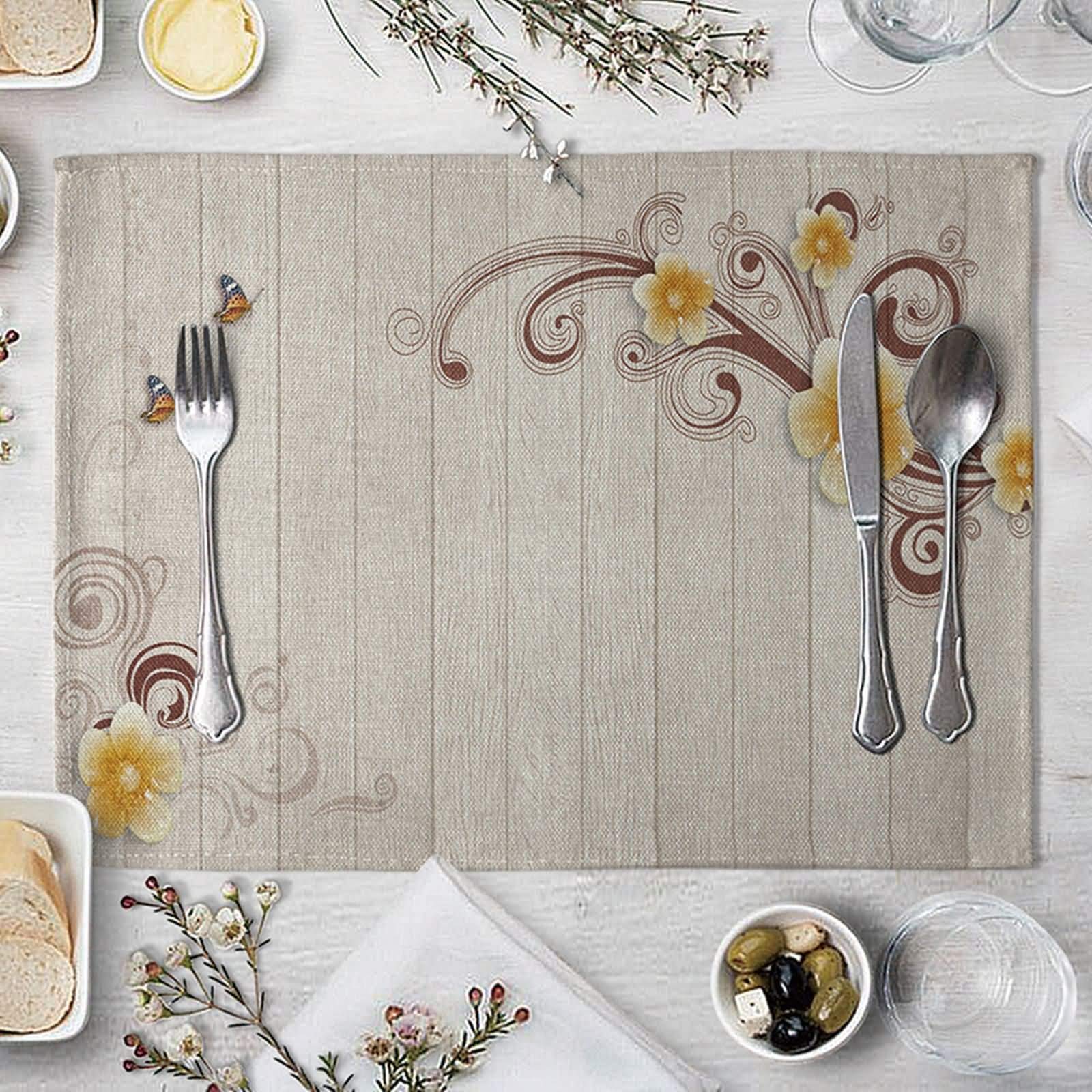 Lieson Placemats for Dining Table 4 PCS, Dining Place Mats Indoor Yellow Brown Cotton Linen Placemats Yellow Flower Pattern, 40x30CM