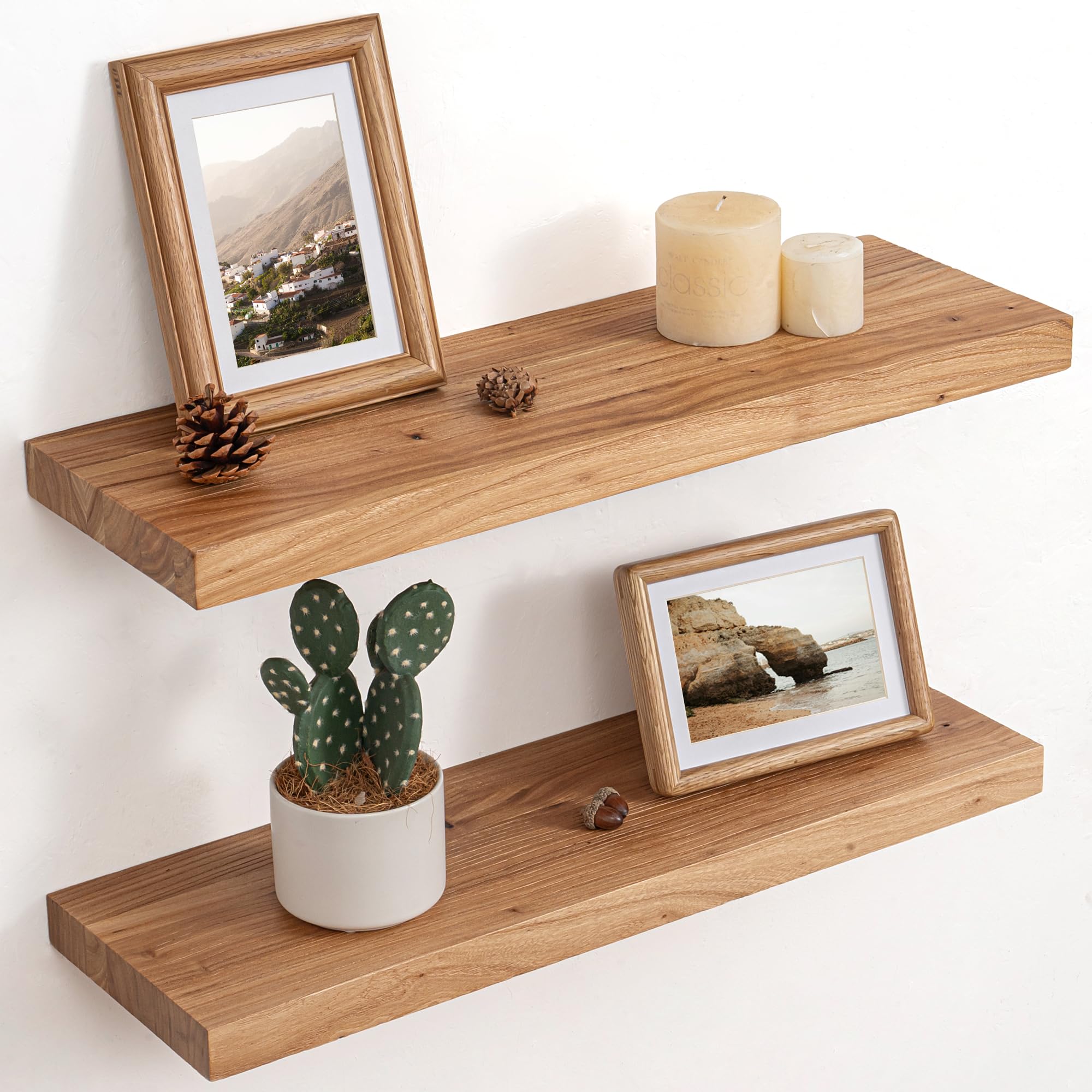 floating shelves for wall decor, 8" deep rustic solid elm wood floating shelves wall mounted, wall shelves with invisible bracket for living room bathroom bedroom kitchen, 24 inch set of 2, natural