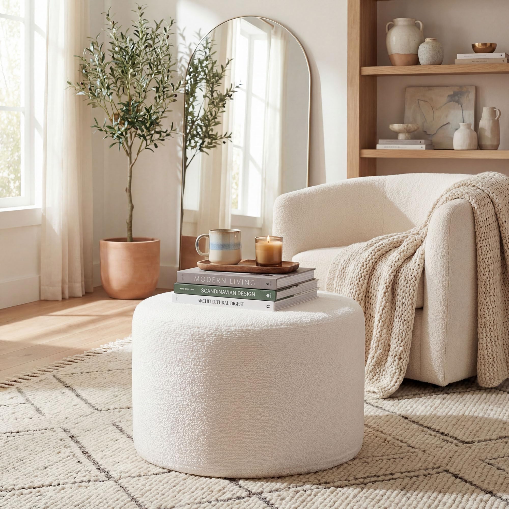 SOARS Pouf Ottomano Imbottito, Ø45 x 35 cm Poggiapiedi Rotondo con Tessuto in Filato Bouclé, Schiuma Morbida e Rivestimento Removibile, Poggiapiedi Divano per Camera da letto e Soggiorno, Beige