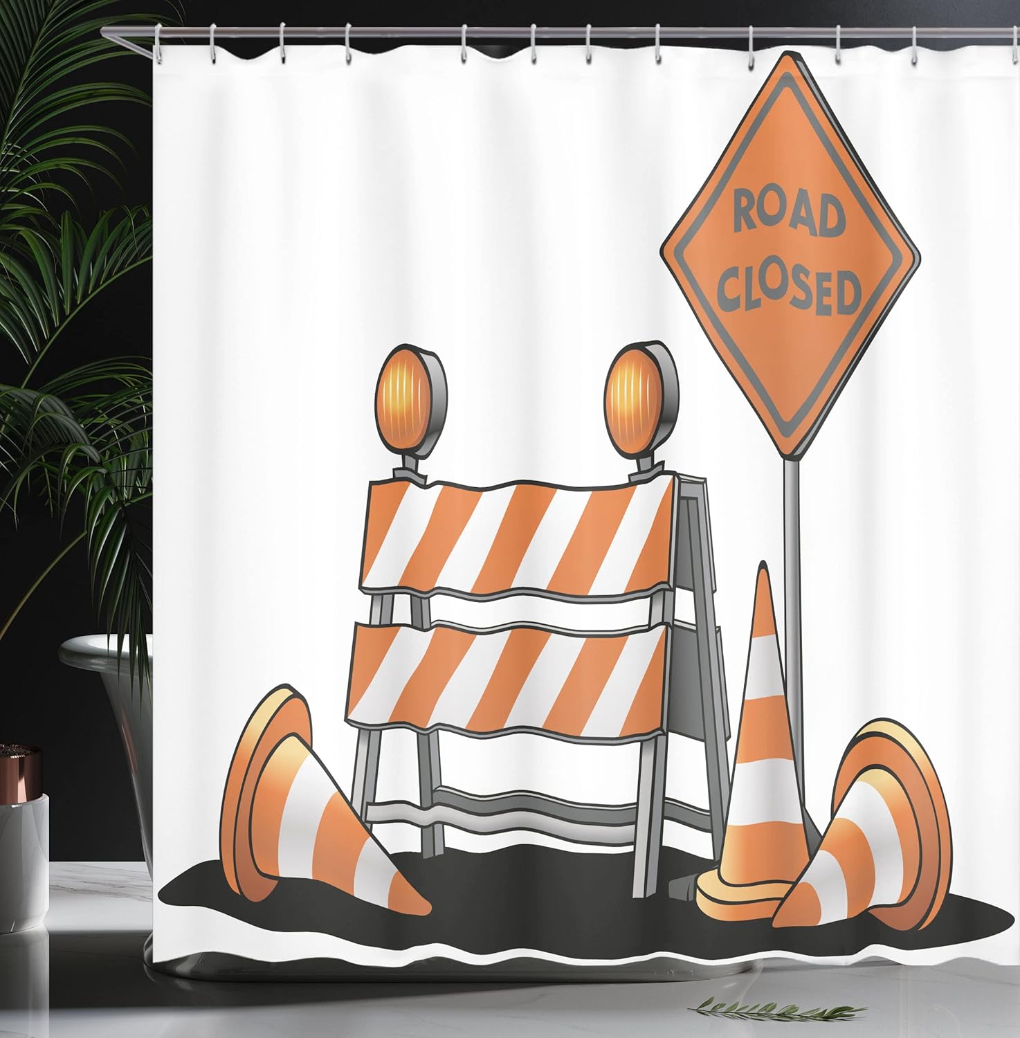 Ambesonne Urban Shower Curtain, Road Closed Sign with Traffic Warning with Blocker Stop Illustration, Cloth Fabric Bathroom Decor Set with Hooks, 69" W x 70" L, Pale Orange Grey