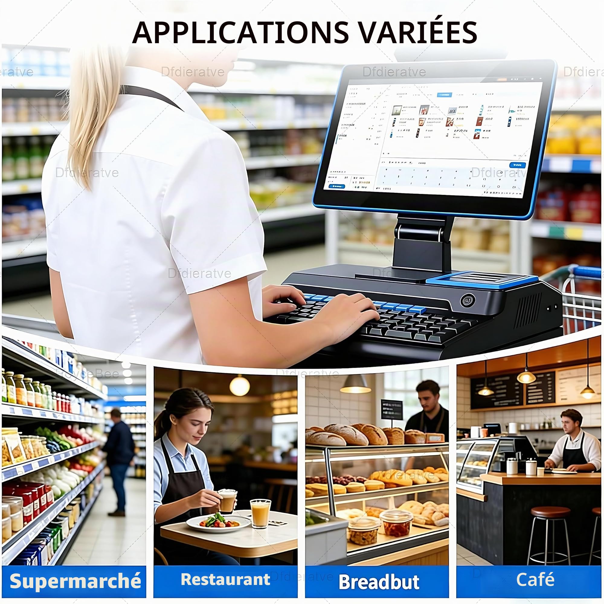 Terminal de Point de Vente avec Scanner, Caisse enregistreuse Intelligente, imprimante Thermique 58mm intégrée, tiroir-Caisse, i5/8Go/128Go, Windows 10 – pour Boulangerie, supermarché Blue