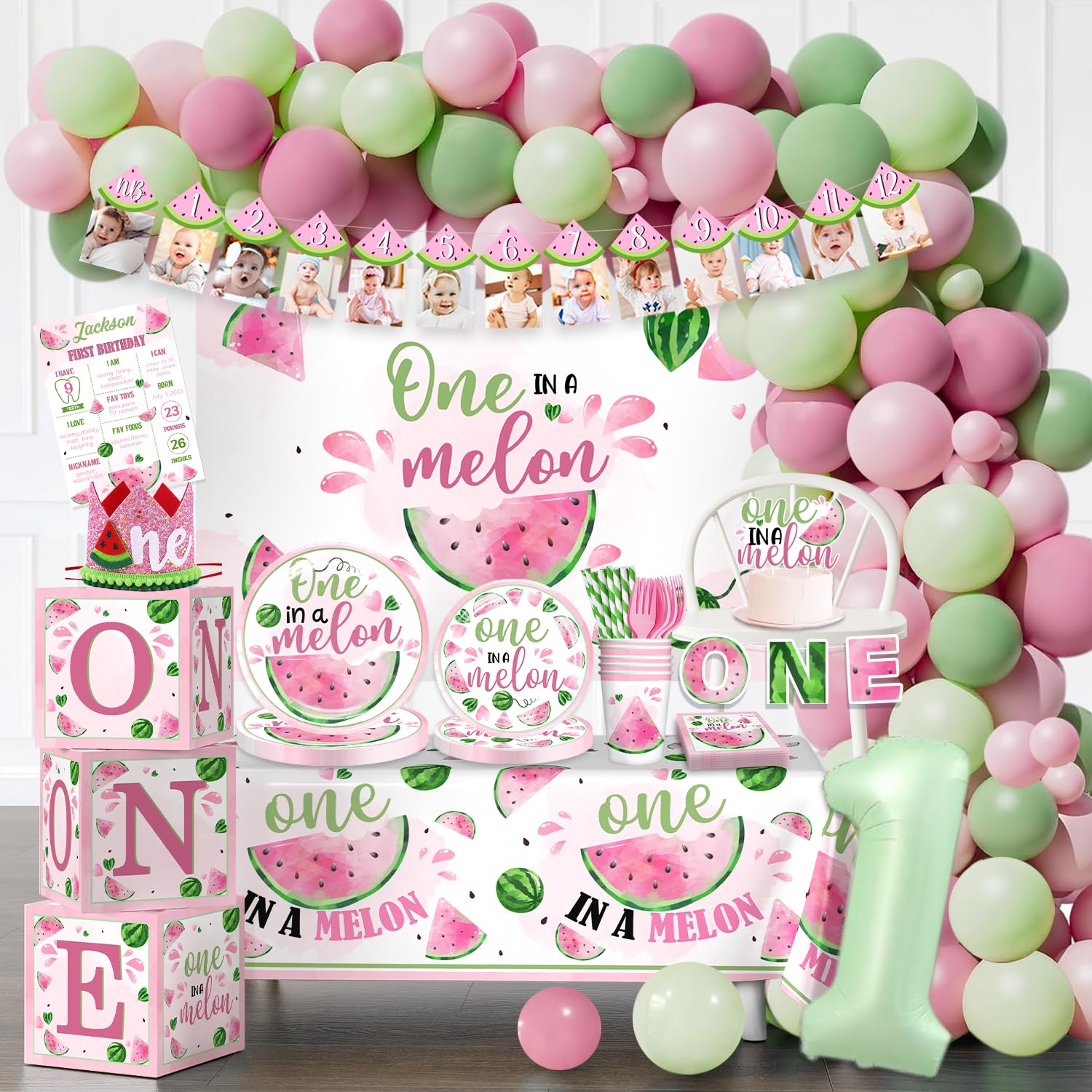 cocomigo 247Pcs One In A Melon Party Decorations Serve 20 Guests, One Birthday Decorations Includes Banner, Plates, Backdrop, Tablecloth, Balloons,