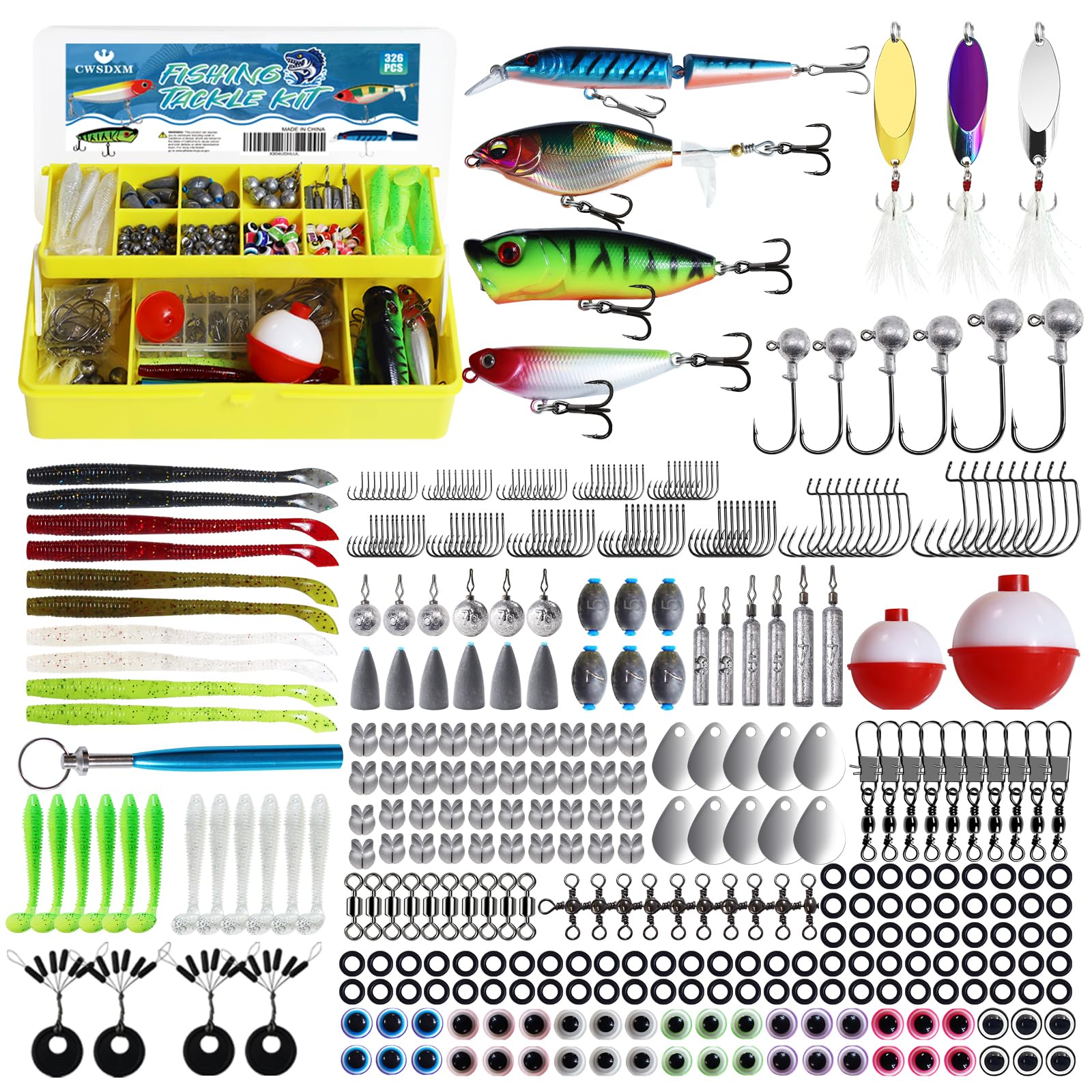 Angelzubehör-Set mit 326-teiligem Angelköder-Set, inklusive harten und weichen Ködern, Löffeln, Haken, Senker, Wirbel – komplette Angelausrüstung für Süß- und Salzwasser