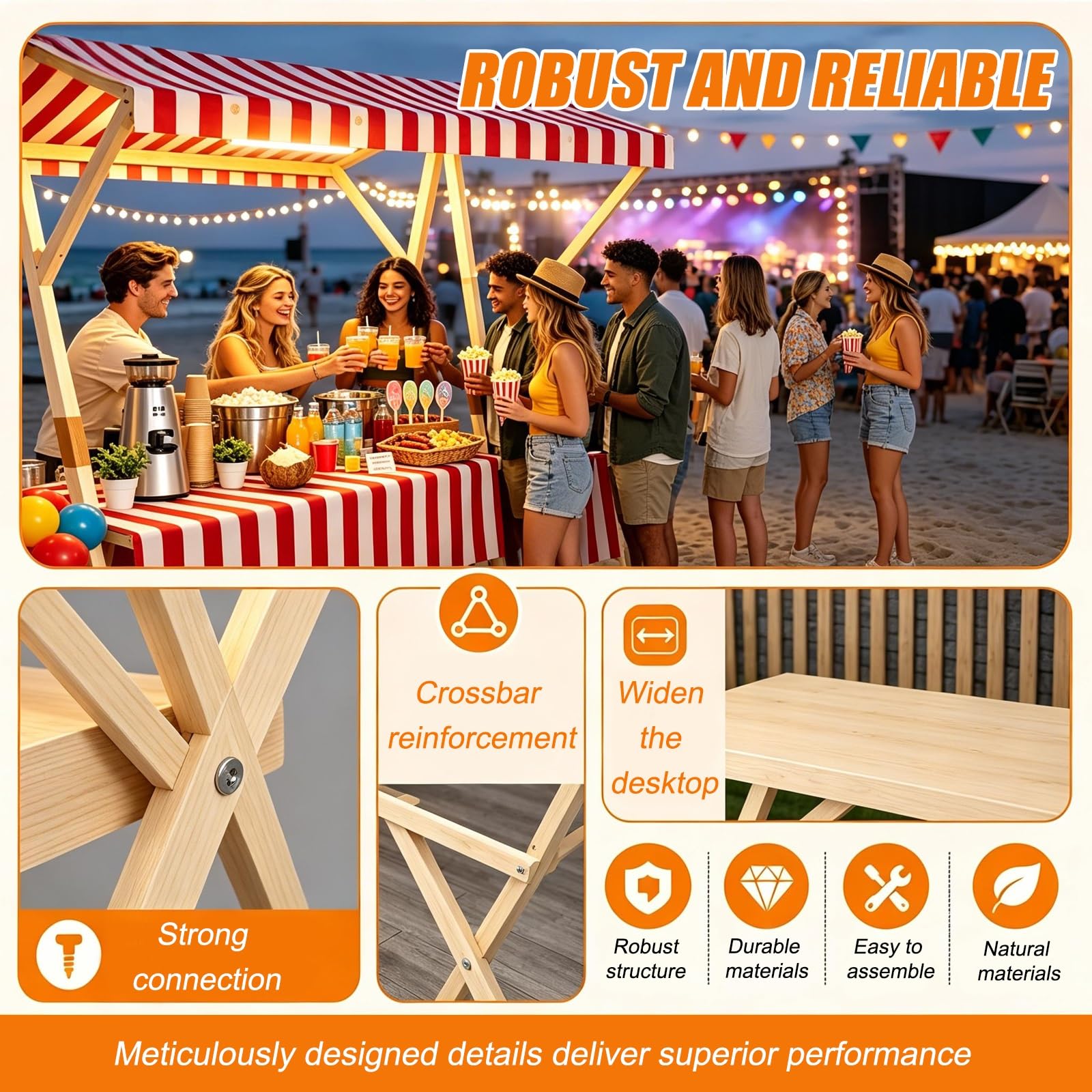 Carrito Vendedor Plegable de Madera, Puesto de Exhibición de Mercado, Puesto Portátil para Exterior, Mesa Exhibición para Mercados Callejeros y Eventos(Red,150cm/59in)