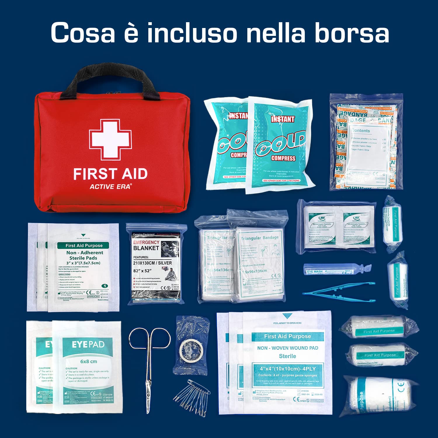 Active Era Kit di Primo Soccorso di 90 Pezzi con Ghiaccio Pronto Uso, Kit Lavaggio oculare e Coperta d'emergenza per Casa, Auto, Campeggio,Ufficio Viaggi e Sport