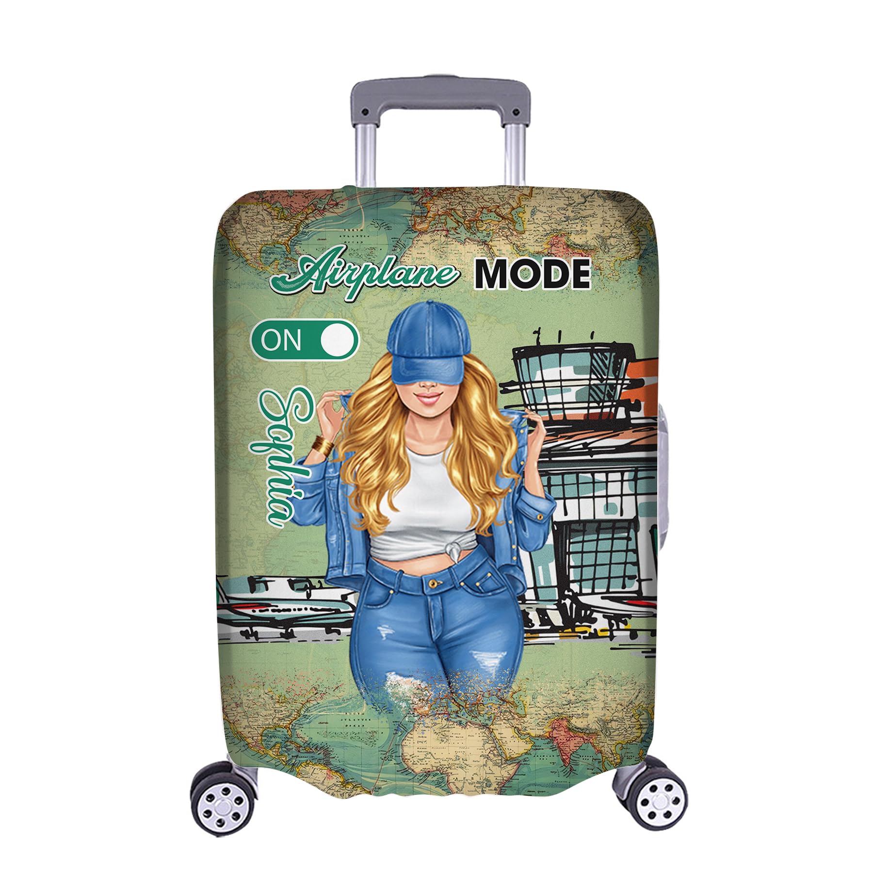CeneCera Personalized Woman with Name Airplane Mode Luggage Cover Protector Travel Bag Covers Suitcase Cover Travel Bag Covers Gift for Girl Traveling