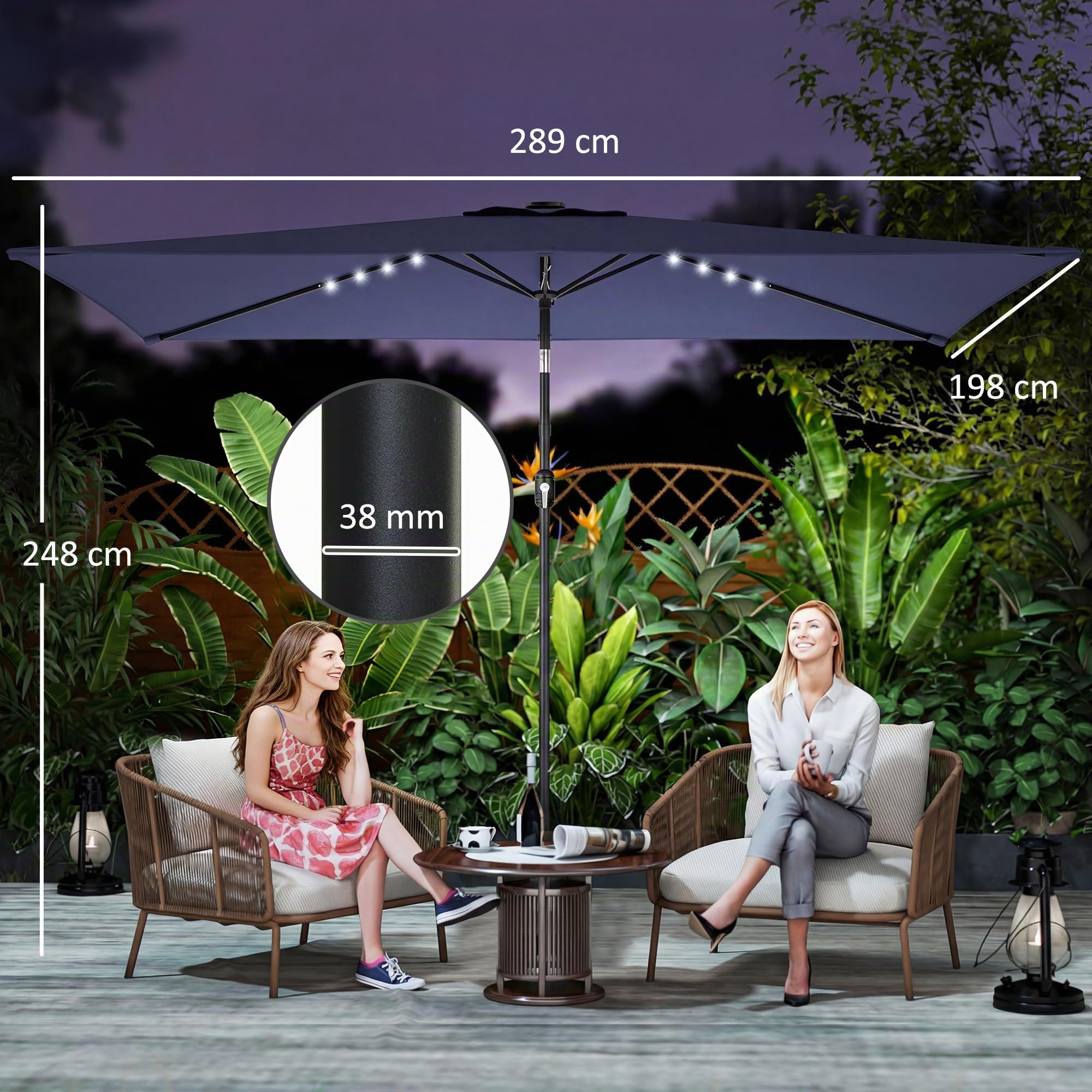 Outsunny Sombrilla Terraza Exterior 2,9x2,5 m con 24 Luces LED | Sombrilla de Jardín, Solares, Dosel Inclinable, Poste Metálico, Parasol para Patio, Terraza