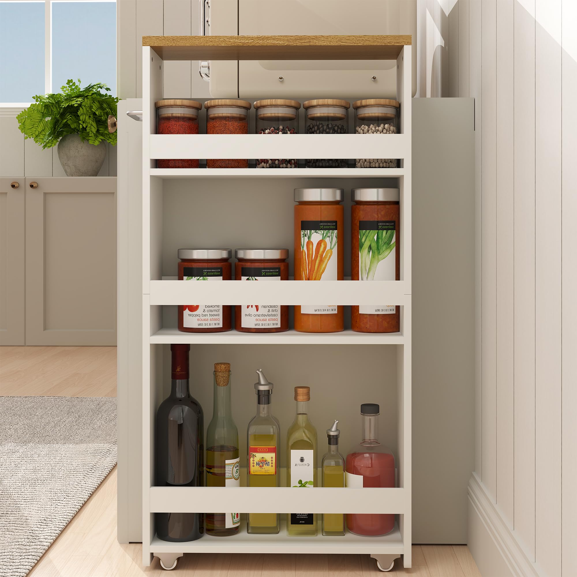 Carrello Cucina con Ruote 40 x 14 x 80 cm Carrello Stretto Salvaspazio a 4 Ripiani Scaffale Portaoggetti per Cucina Bagno e Lavanderia Bianco Effetto Legno