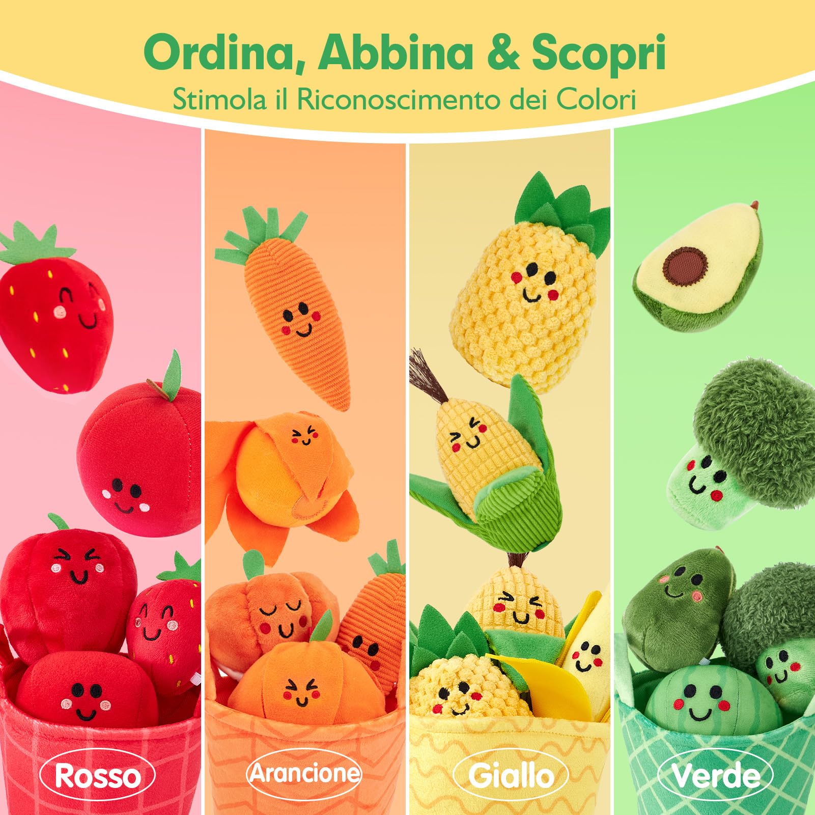 hahaland Giochi Montessori 6 Mesi - 16 PCS Frutta e Verdura Giocattolo in Peluche con Sonaglio e Cestino, Gioco Bambino Educativi Regalo Bimbo Bimba 6 9 12 Mesi