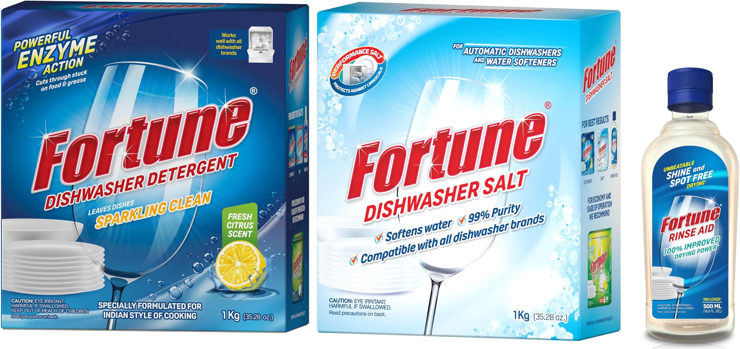 FORTUNE DISHWASHER STARTER COMBO - Dishwasher Detergent 1kg (Pack of 1), Salt 1kg (Pack of 1) & Rinse Aid 500ml (Pack of 1)