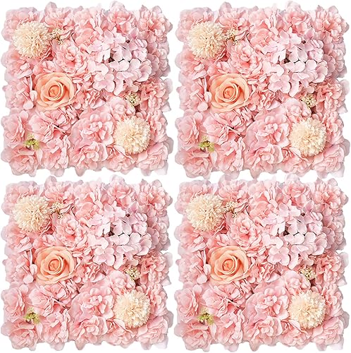 BDBD Paneles de pared de flores artificiales, 4 piezas, tapete decorativo de pared de flores sintéticas de 15 x 15 pulgadas, paneles florales de