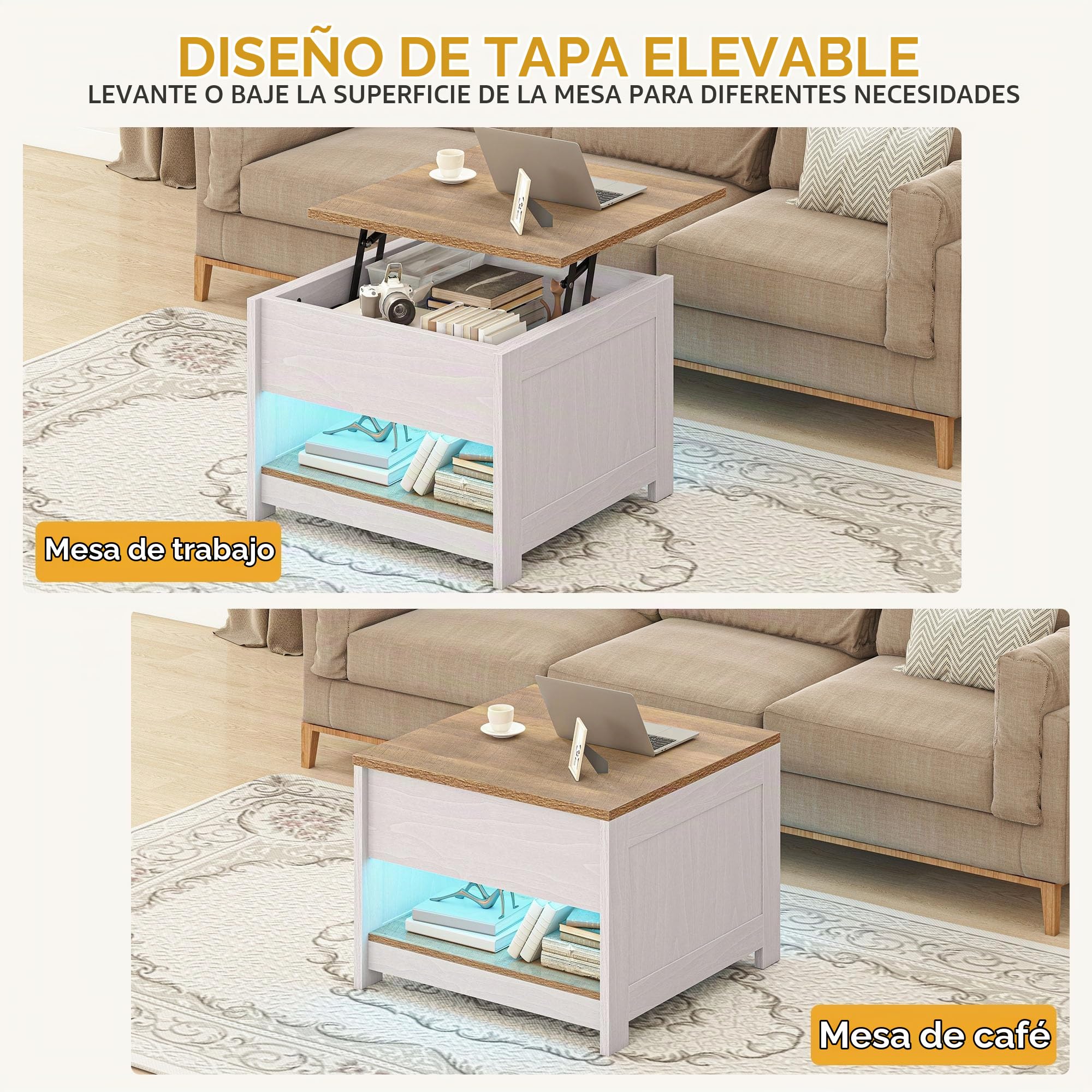 DWVO Mesa de Centro con Tablero Elevable e Iluminación LED, Mesa de Salón Cuadrada Moderna con Compartimento Oculto y Estante Abierto, 60 x 60 x 45 cm