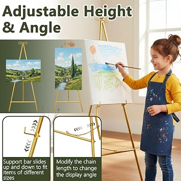 Gold Easel Stand for Sign, 55'' Adjustable Easel Stand for Display, Metal Easel Display Stand Heavy Duty(Round Tube)