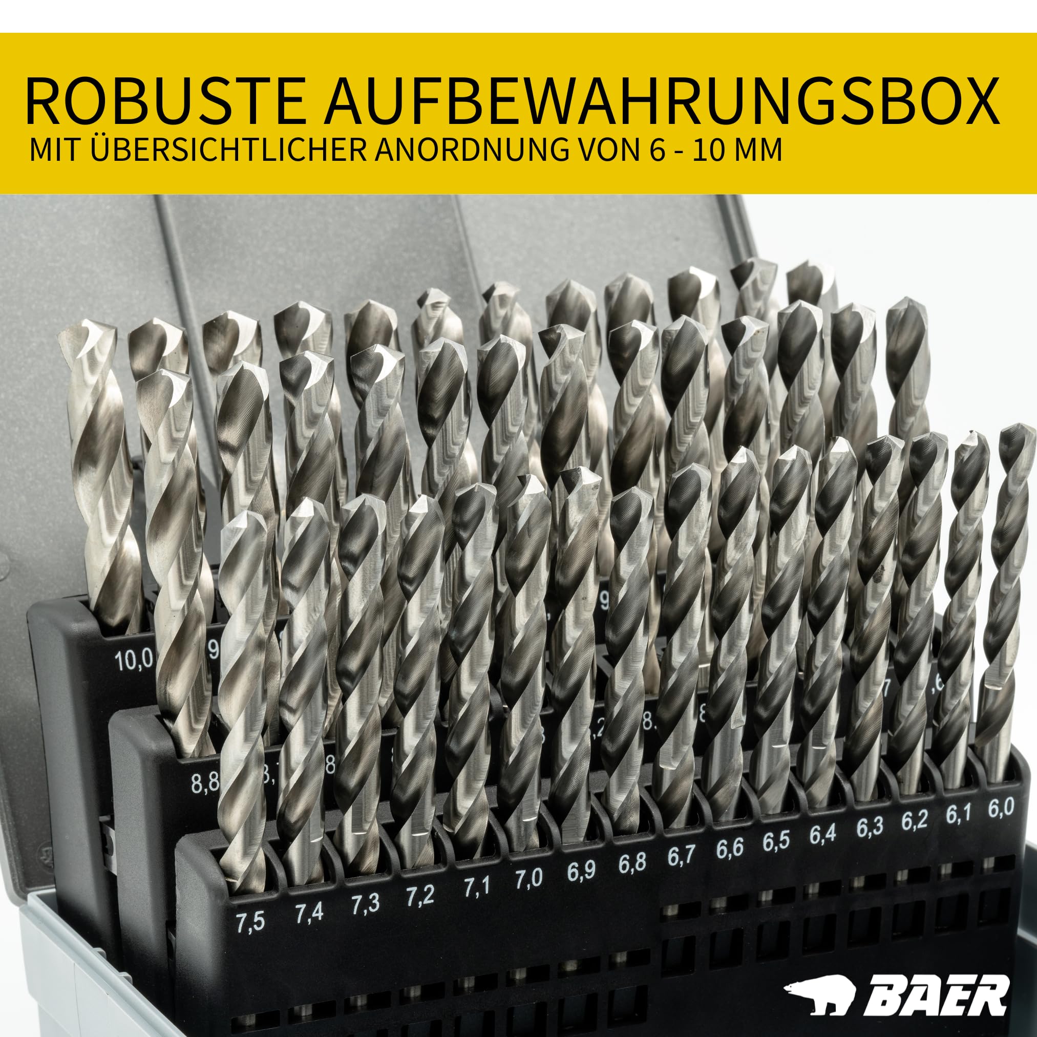 BAER Spiralbohrer Set 6-10 mm | 41-tlg. in 0,1 mm Schritten | HSSG DIN 338 | Metallbohrer Set geschliffen | Bohrerset Metall für Stahl, Guss & Stahlguss | Bohrer Set Metall in bruchsicherer Box