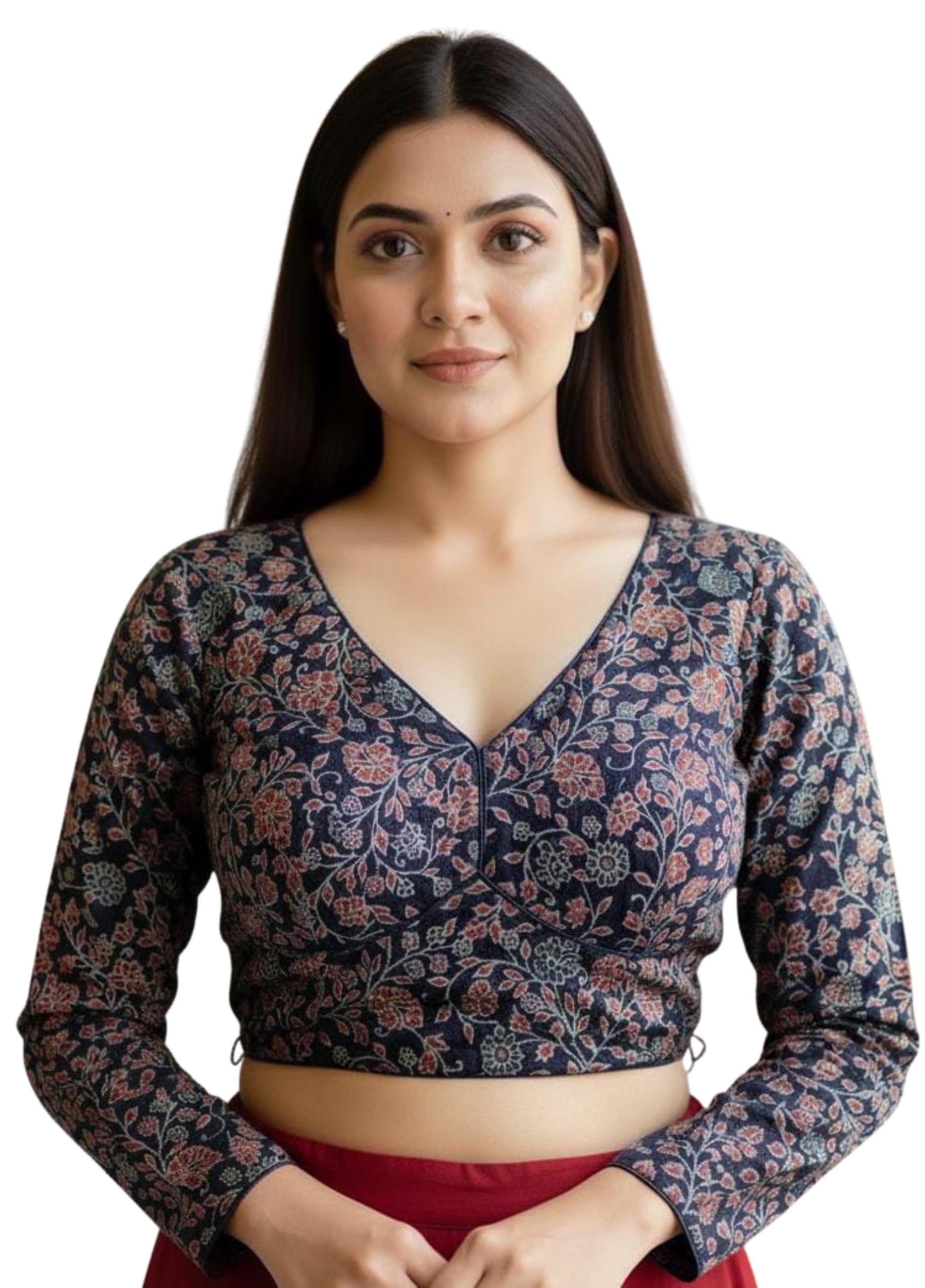Women's Ready-to-Wear Pure Ajrakh Cotton Blouse - Heavy Ajrakh Print | V-Neck Front, Back Hook Closure | Long Sleeves | Padded, Ethnic Design | Size 38 (Alterable 36–40)