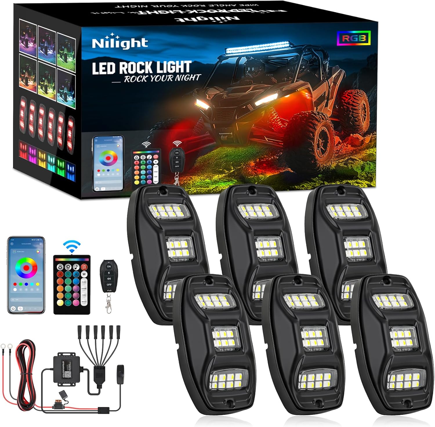 Nilight RGBW LED Rock Lights Kit, 6 Pods 22LED Wide Angle Remote & Bluetooth App Dual Control with Music Modes Multicolor Underglow Neon Wheel Well Light Fit for ATV UTV SUV Offroad Truck RZR Boat Nilight RGBW LED Rock Lights Kit, 6 Pods 22LED Wide Angle Remote & Bluetooth App Dual Control with Music Modes Multicolor Underglow Neon Wheel Well Light Fit for ATV UTV SUV Offroad Truck RZR Boat