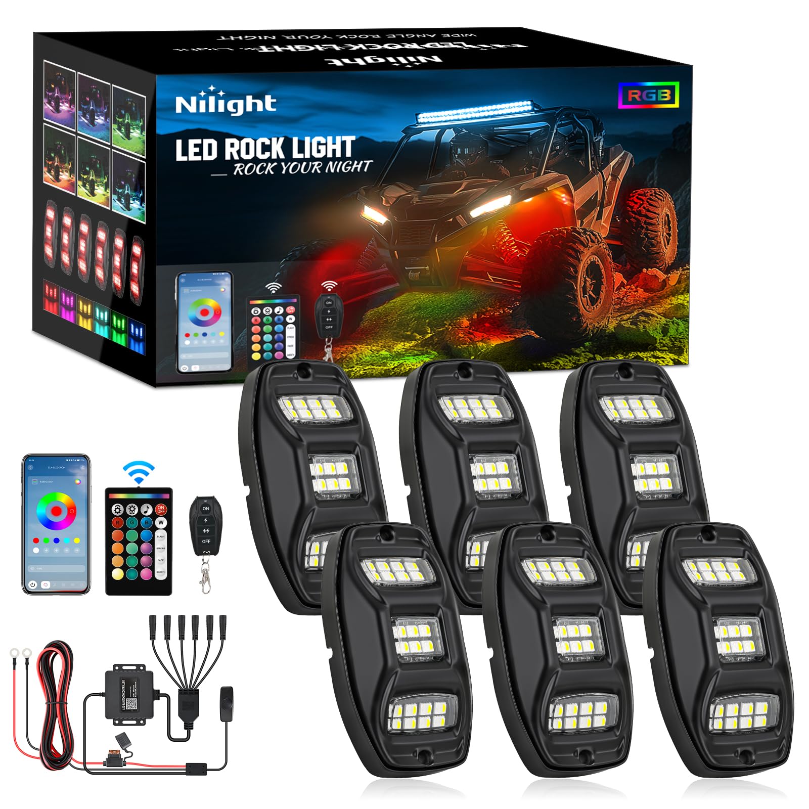 Nilight RGBW LED Rock Lights Kit 6 Pods 22 LEDs Wide Angle Lighting