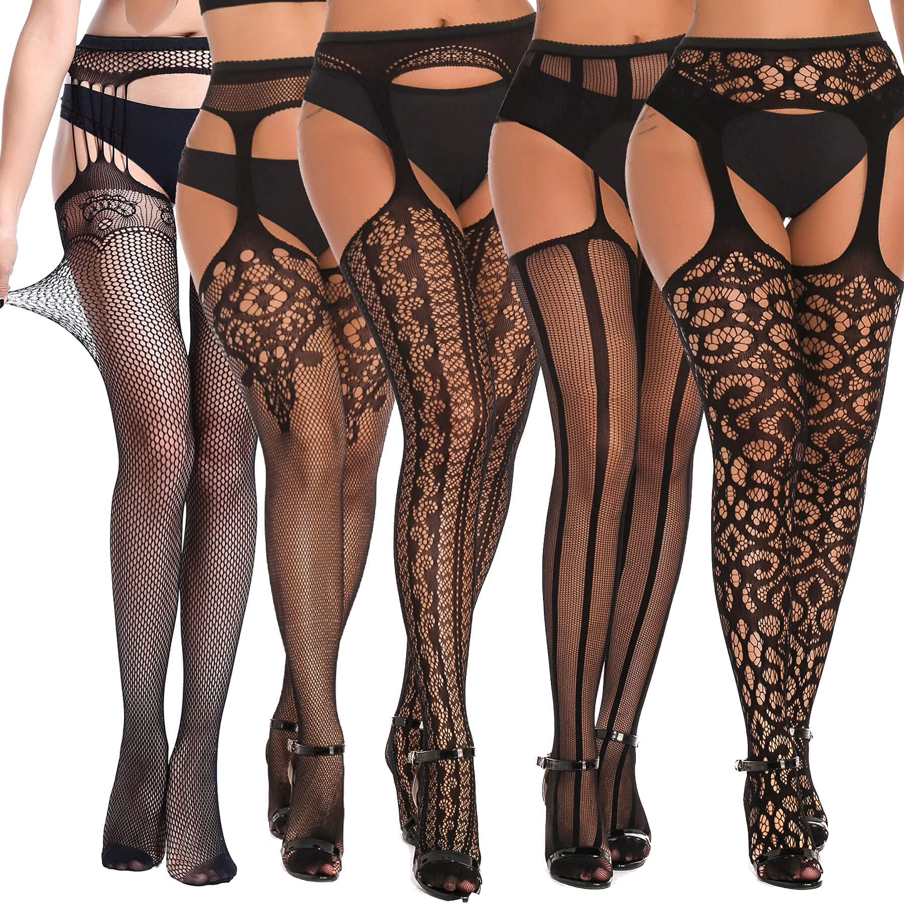 SYOSI 5 Pairs Women's Lingerie Garter Belt Stocking Fishnet Thigh High Tights Suspender Pantyhose Lingerie Babydoll Stretch Stockings Sleepwear Party Dress Pack