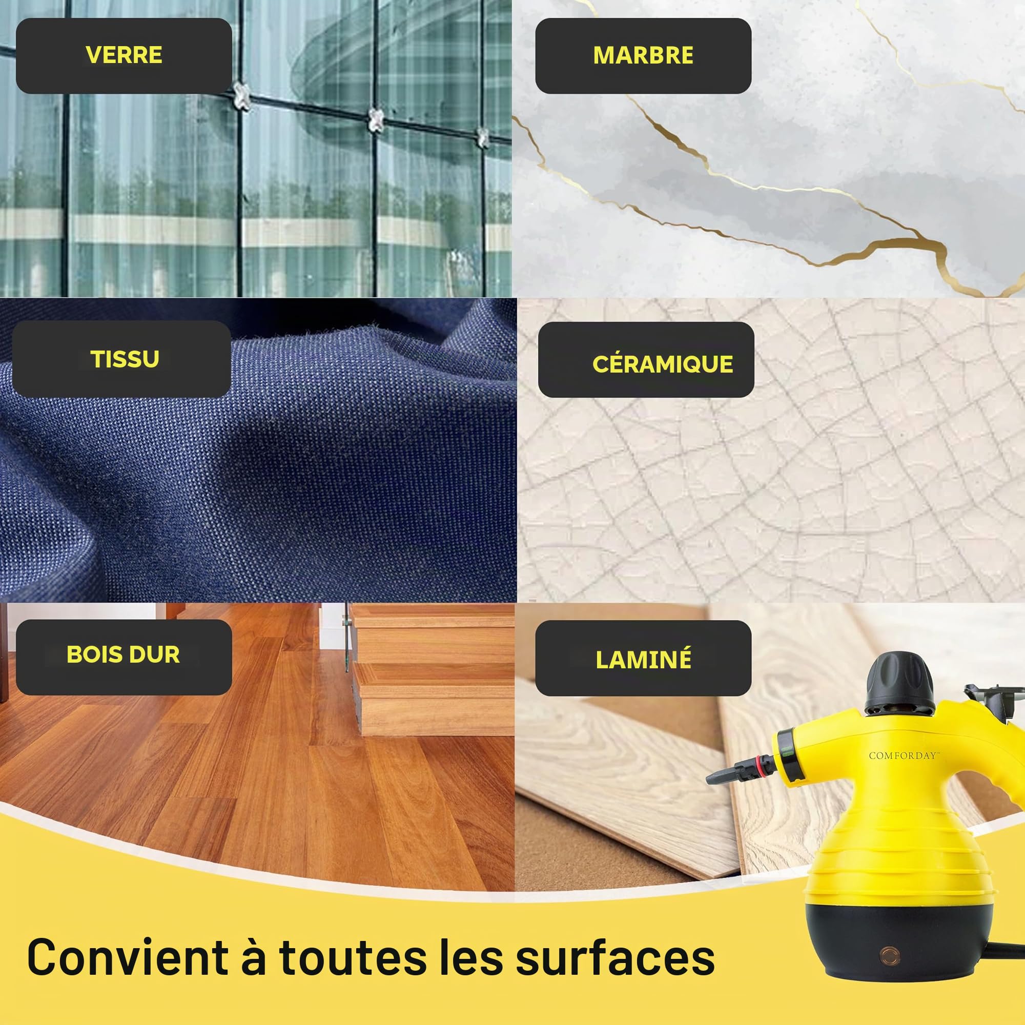 Comforday Nettoyeur Vapeur à Main 9 Accessoires nettoyeur haute pression Multi-usage, pour sols, meuble, voiture, salle de bain, fenêtre, tapis cuisine, steamer cleaner