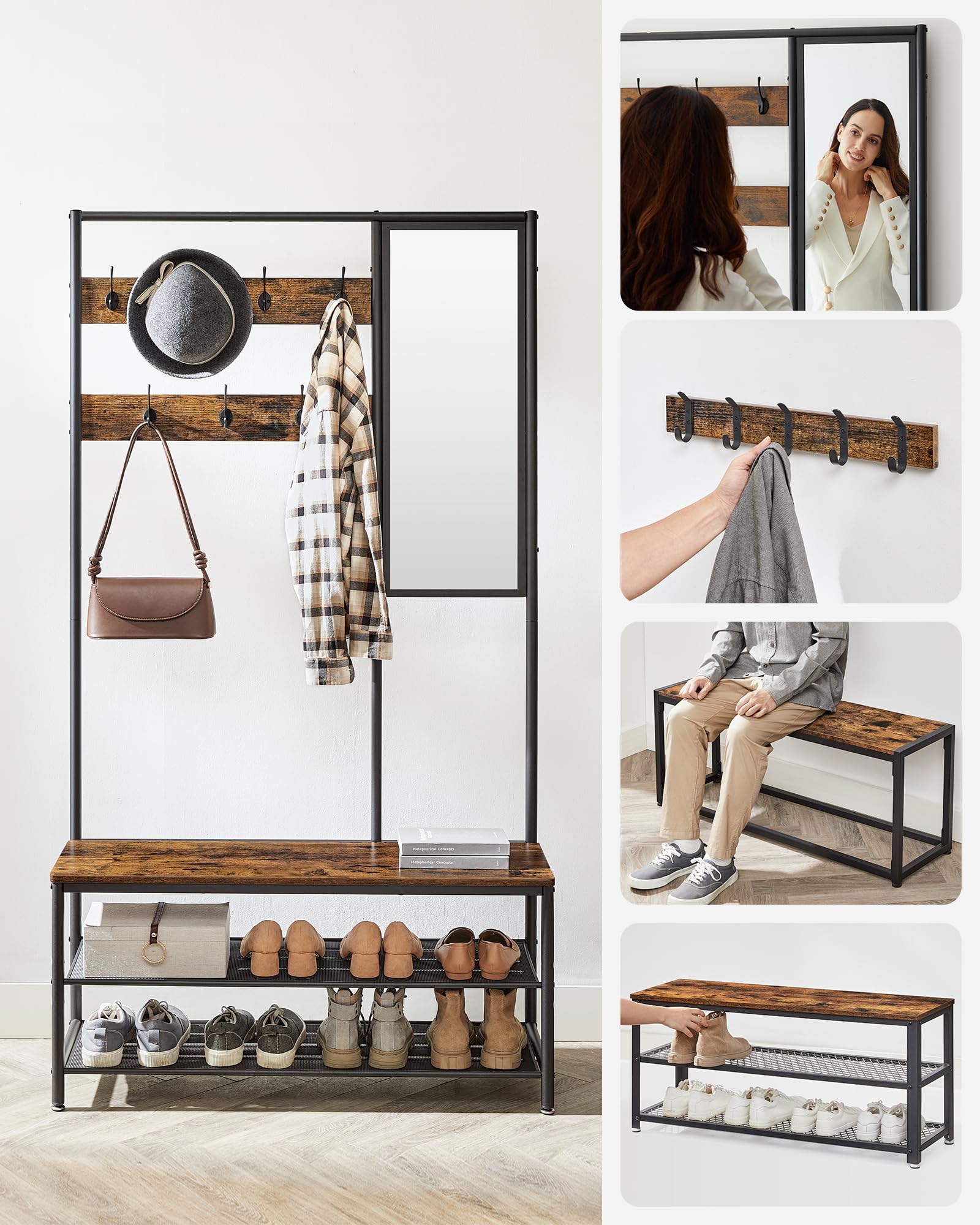 VASAGLE Meuble d'Entrée avec Crochets, Miroir, Banc et Étagère à