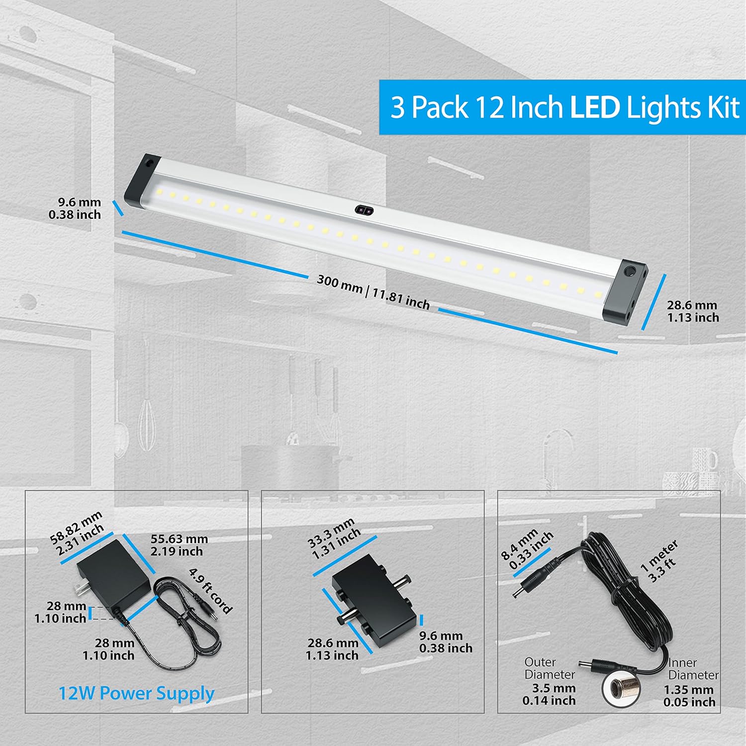 EShine Hand Wave Activated Under Cabinet LED Lighting Kit, Dimmable, 3-Pack 12 in - Touchless Dimming Control, Black Under Counter Lights for Kitchen, Garage, Office, Shelf - Warm White (3000K)