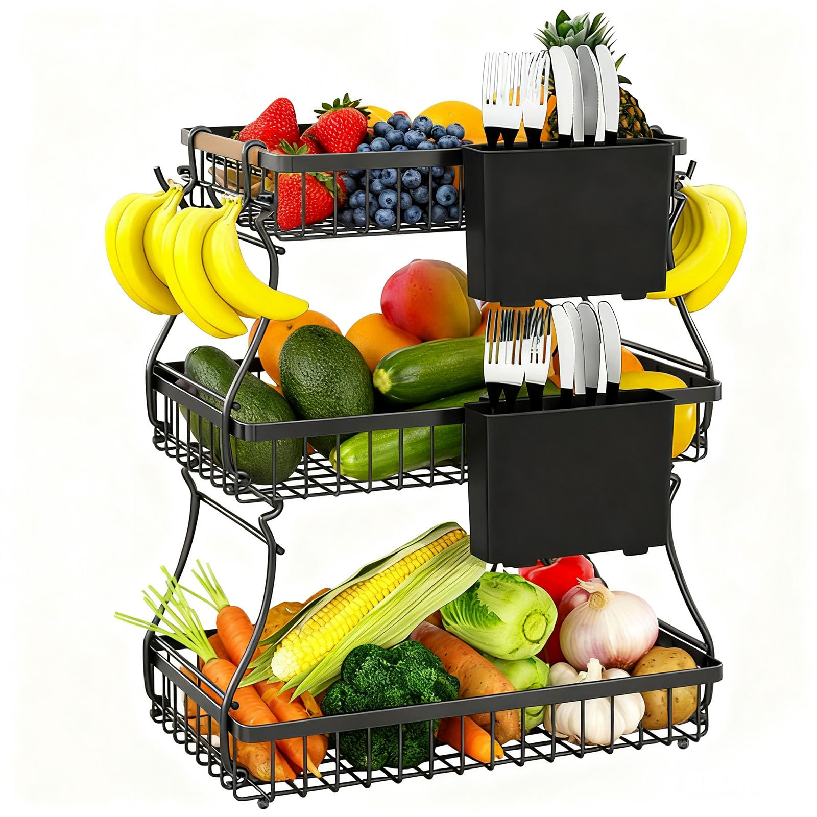 Polegas Corbeille à fruits à 3 étages avec 2 porte-bananes et 2 porte-couteaux | Grand présentoir à fruits en métal pour légumes, collations, pain, fruits (noir)