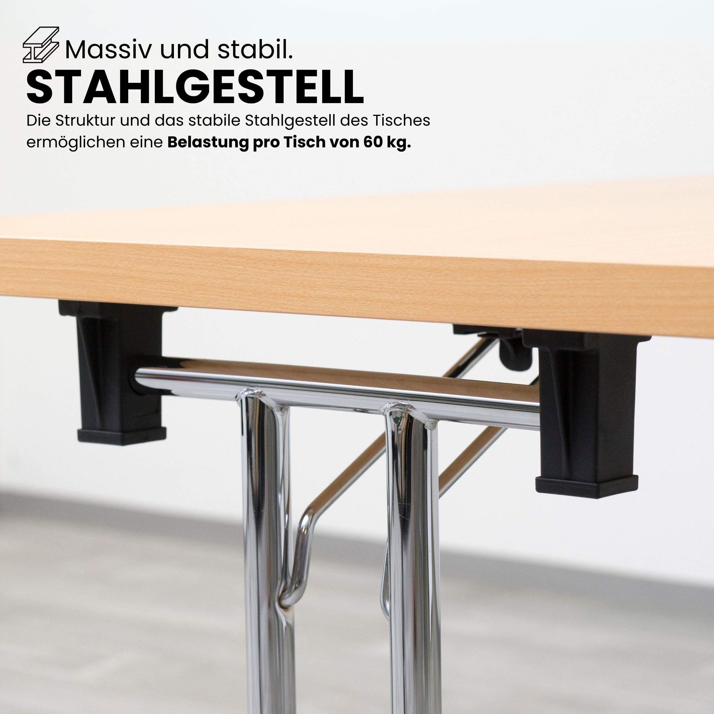 Bümö Klapptisch Buche 160 x 80 cm klappbar & stapelbar, klappbarer Schreibtisch, Klappschreibtisch, Tisch klappbar, Klappbarer Tisch, Klapptisch Holz-Platte, Gestell stabil aus Metall verchromt