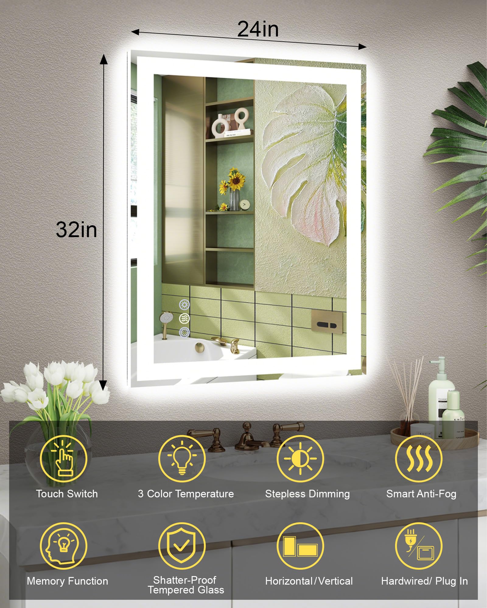 Espejo de baño LED de 24 x 32, 6000 lúmenes, luces delanteras y