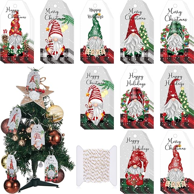 50 Pieces Christmas Tags for Presents Gnomes Xmas Gift Tags with Twine Christmas Hanging Tag Label for Christmas DIY Decorations Present Wrapping