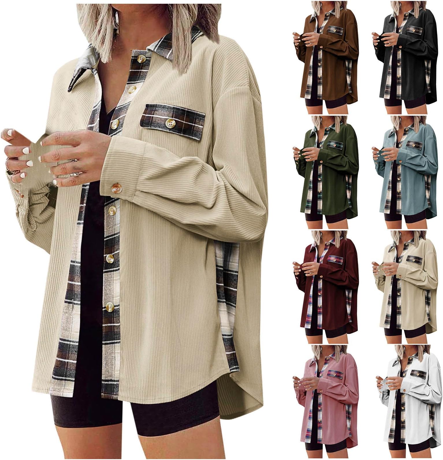 Womens Corduroy Shacket Jacket Patchwork Long Sleeve Flannel Button Down Shirts with Pockets Casual Fall Outerwear