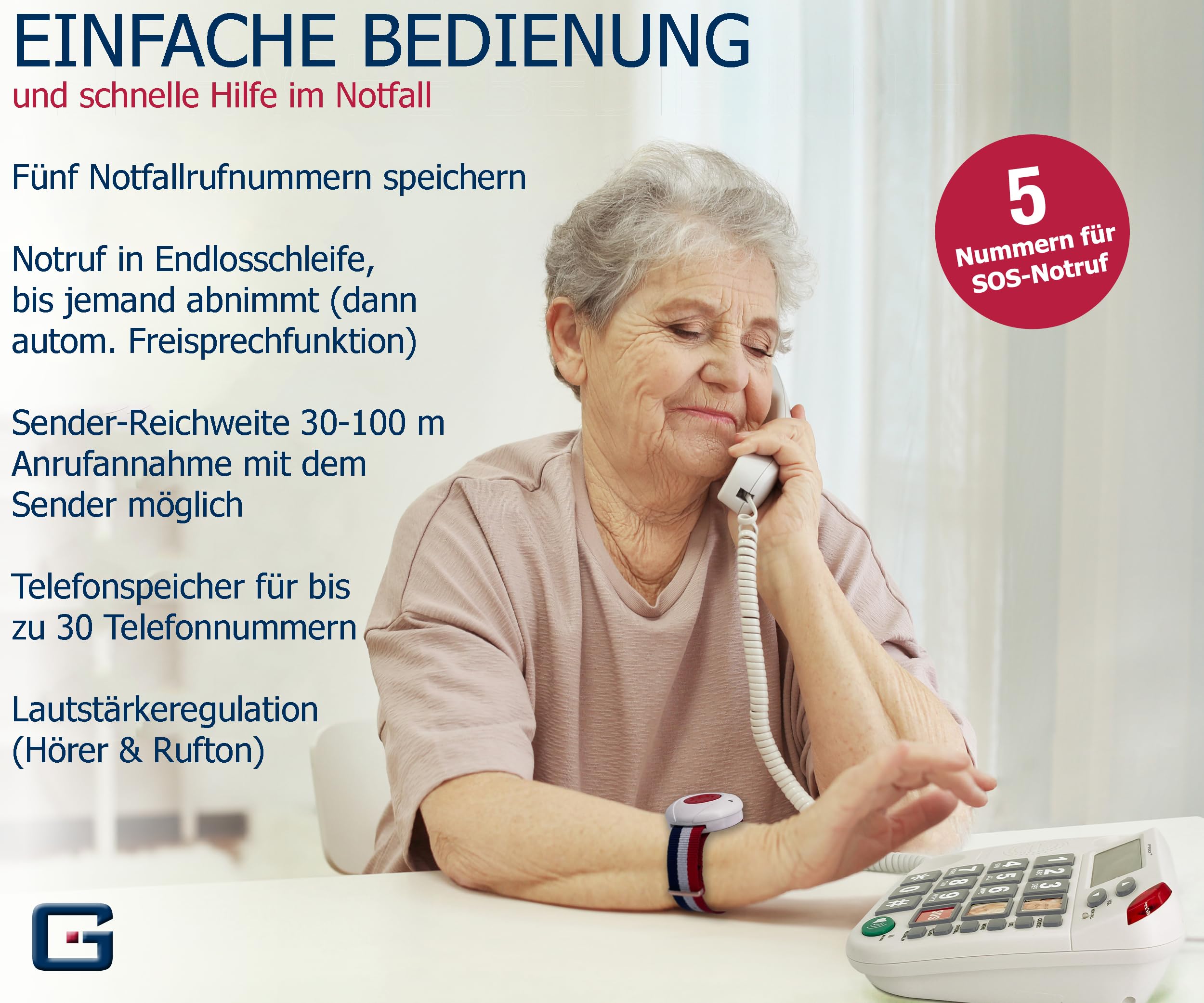 PRO+(G-TELWARE®) - Seniorentelefon Festnetz mit Notfallarmband | mit Notruf-Kette für garantierte Erreichbarkeit | Hausnotruf für Angehörige - mit SOS Armband und Notrufknopf für Senioren