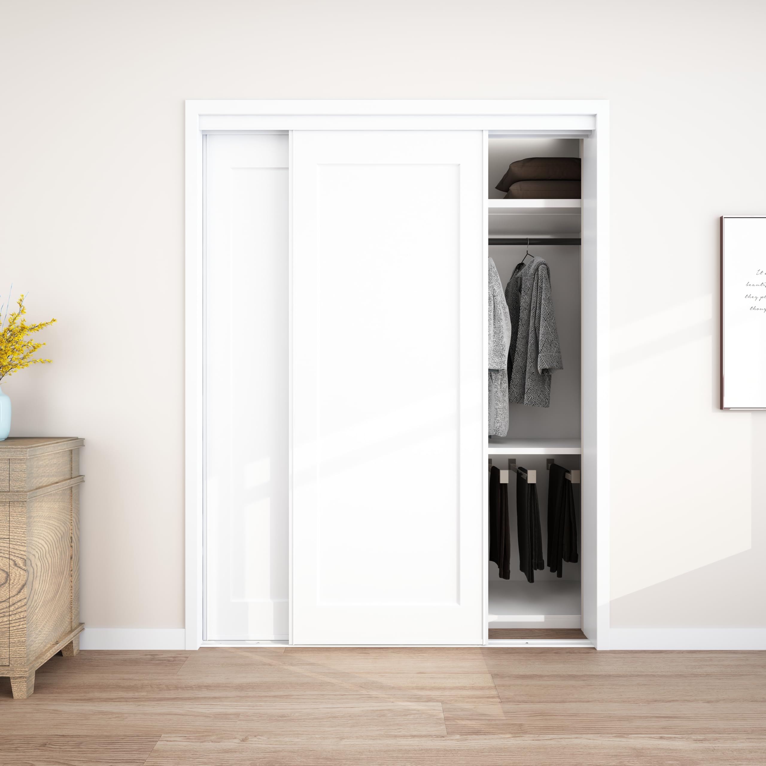 JUBEST Sliding Closet Door 60"(Double 31") x80", 1-Panel Steel Frame Bypass Primed Door with Top & Bottom Track Kits, Preassembled Hardboard Panels with Paintable Surface, Durable & Sturdy
